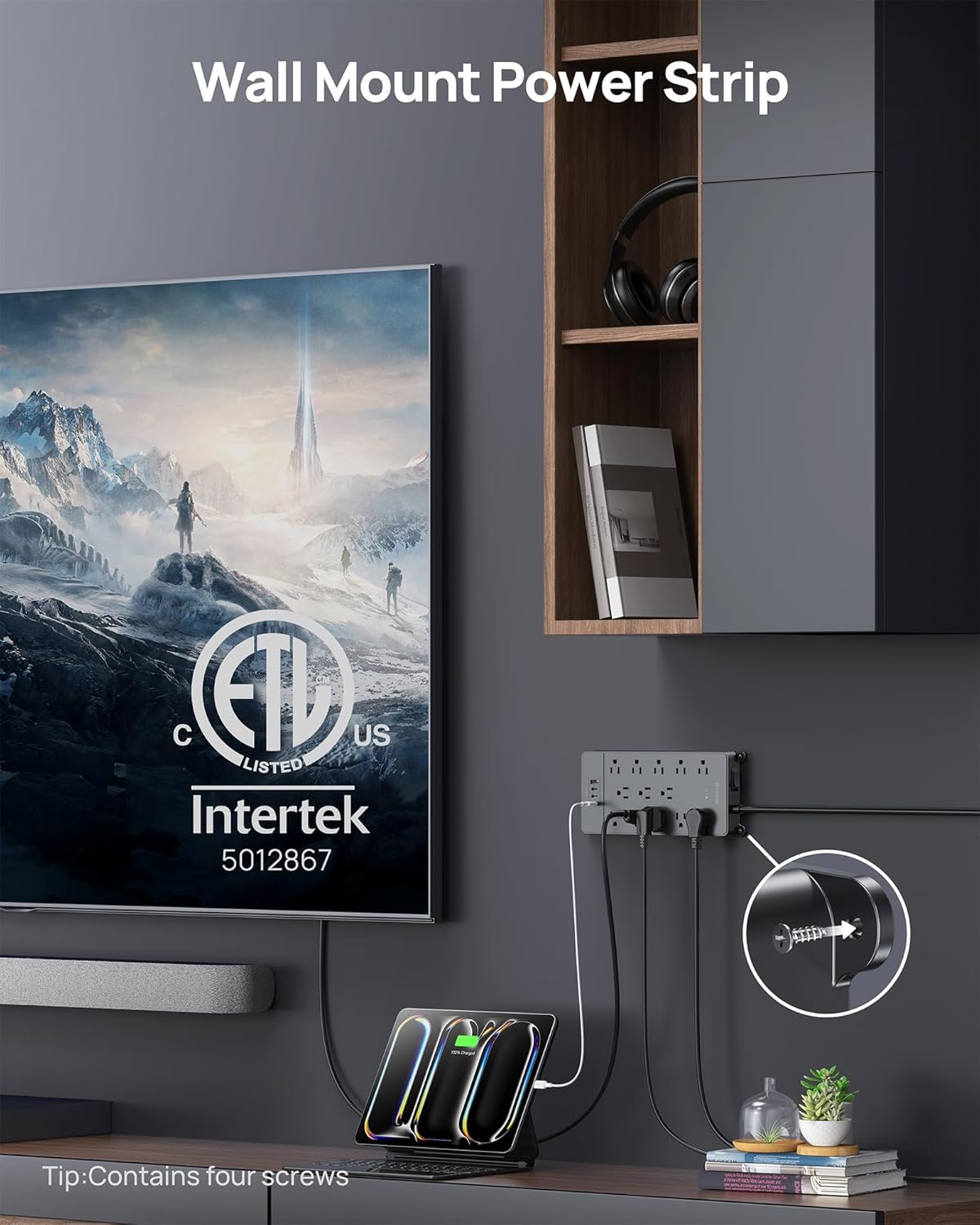 TROND 360° Flat Plug Surge Strip: 13 Wide Outlets + USB-C 7 712T+1lsowL. AC SL1500