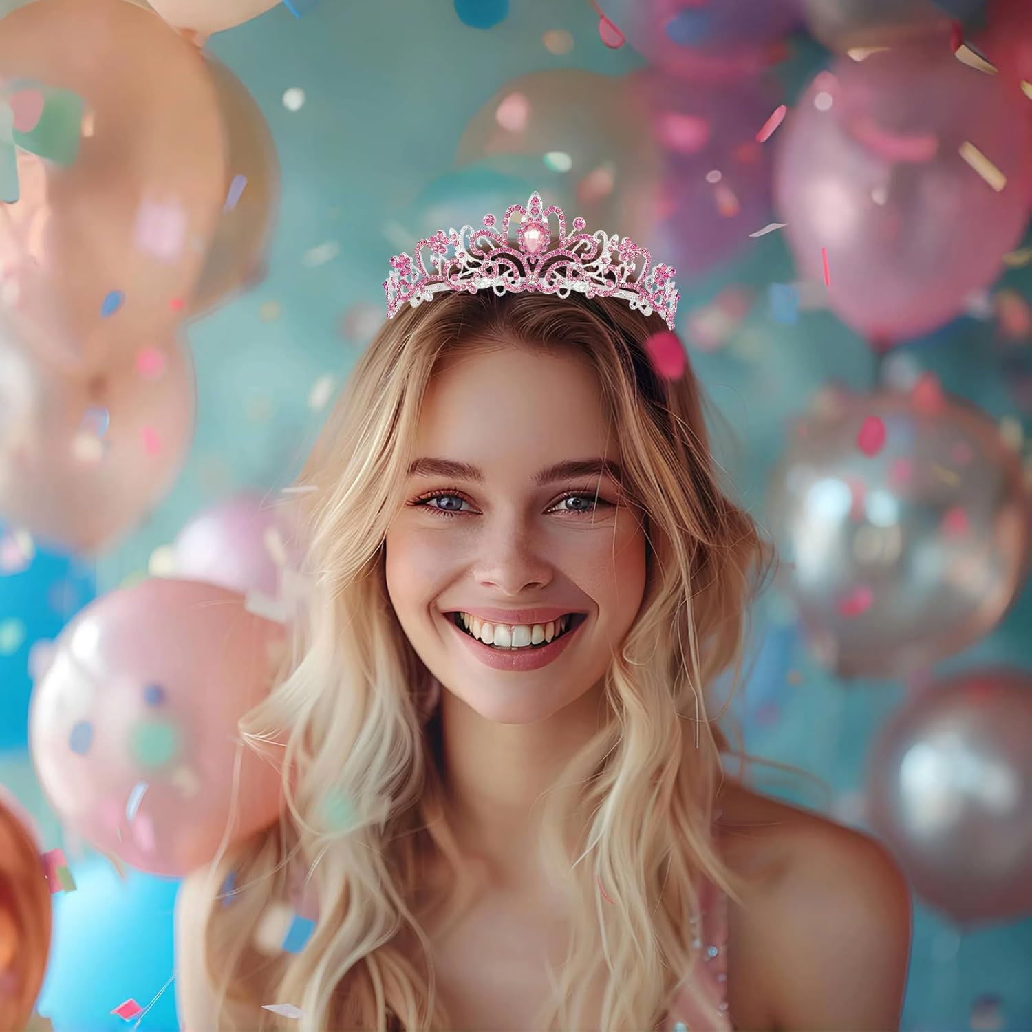 Schmoopy Tiara Crown for Women, Crystal Tiara for Bridal Prom Queen Birthday Birthday Party(A-Pink) - Image 7