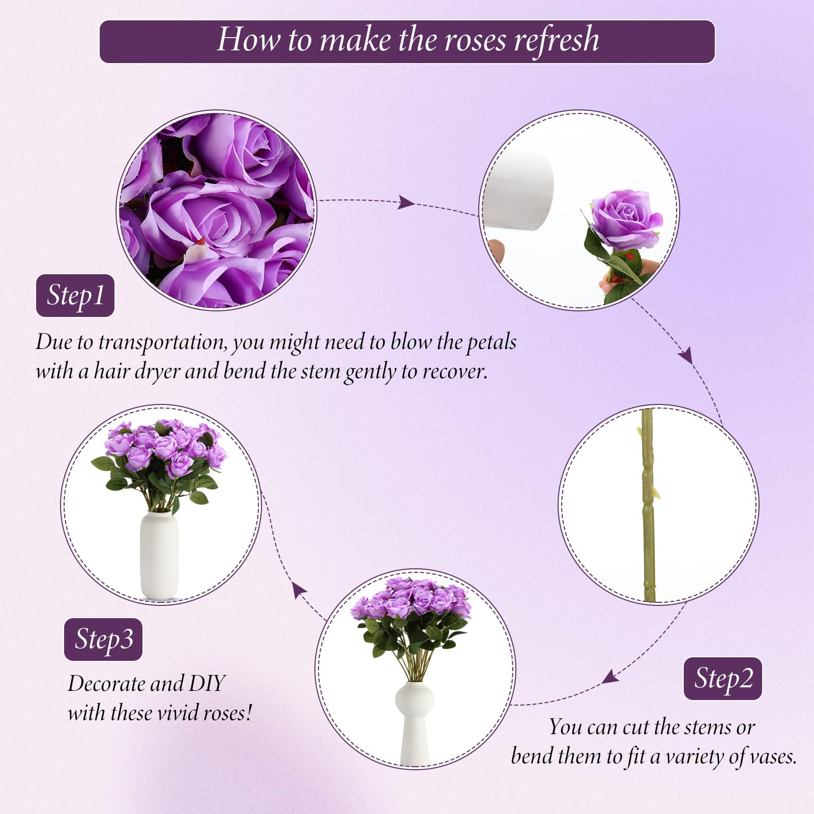 Hotop 20 Pcs Rose Artificial Flowers with Long Stem Realistic Silk ...