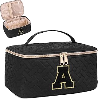 Gifts Initial Makeup Organizer Bag for Girls, Chenille Letter Personalized Cosmetic Bag with Zipper | Preppy Quilted Portable Makeup Pouch Teen Birthday Gifts Trendy for Women Friend (A)