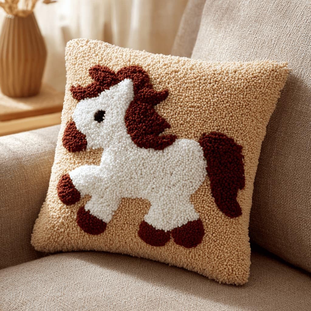 Kitquiver Latch Hook Cushion Kit,Horse DIY Throw Pillow Cover 43X43Cm