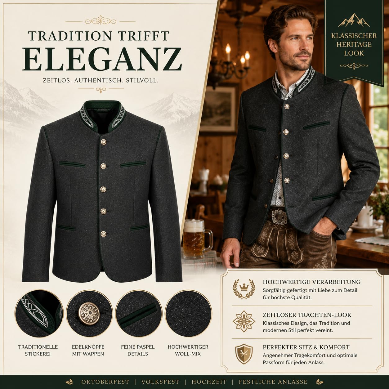 Trachtenjacke Herren Traditioneller Trachtenjanker mit Knopfleiste, Strickjacke Herren, Oktoberfest Outfit, Lederhosen Jacke, Trachtenweste, Trachtenmode für Männer, Schwarz, S-3XL