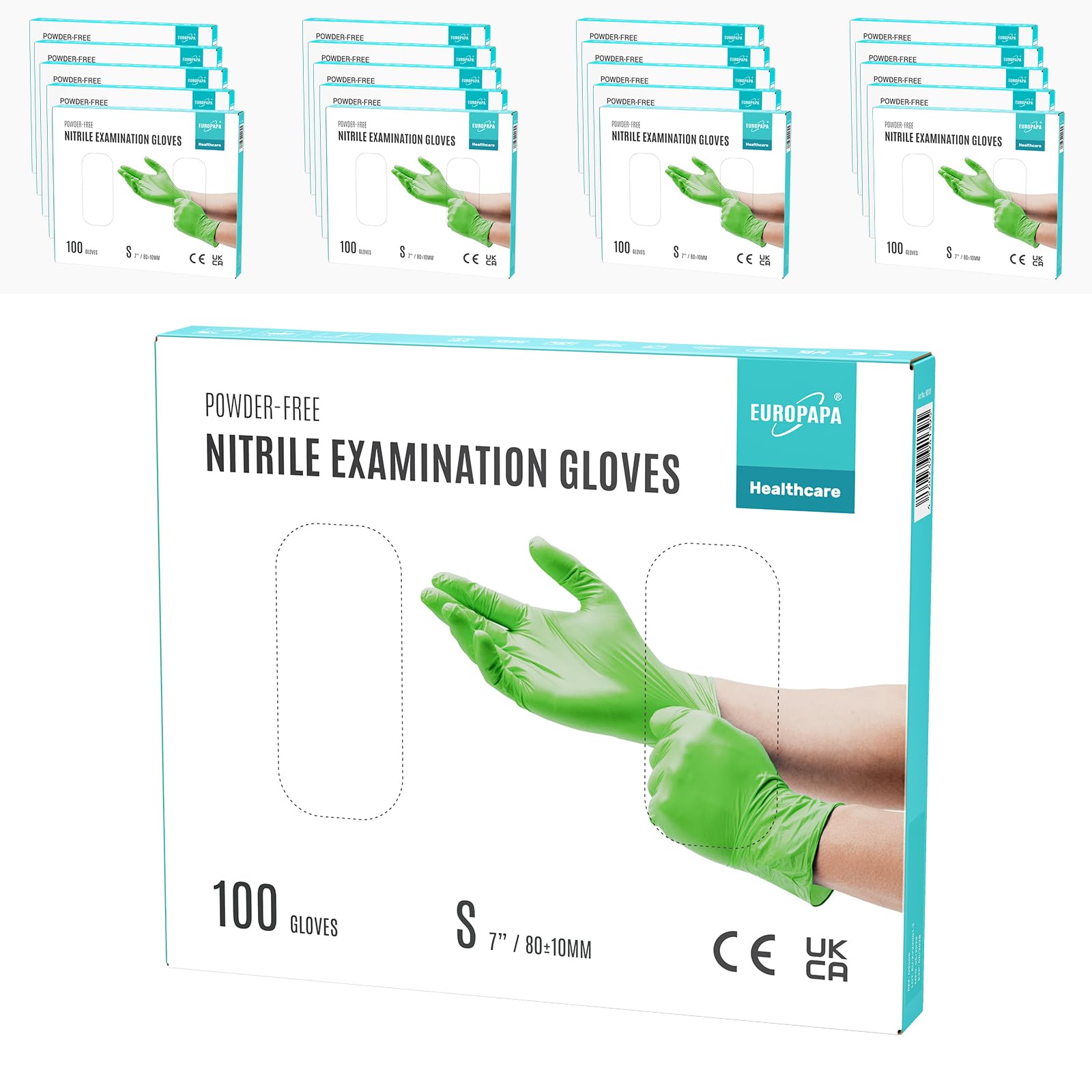 EUROPAPA® 2000 Stück (20x100) Nitrilhandschuhe Box Einweghandschuhe, Einmalhandschuhe, Untersuchungshandschuhe, puderfrei, ohne Latex, unsteril, latexfrei, disposible gloves (S, Grün)