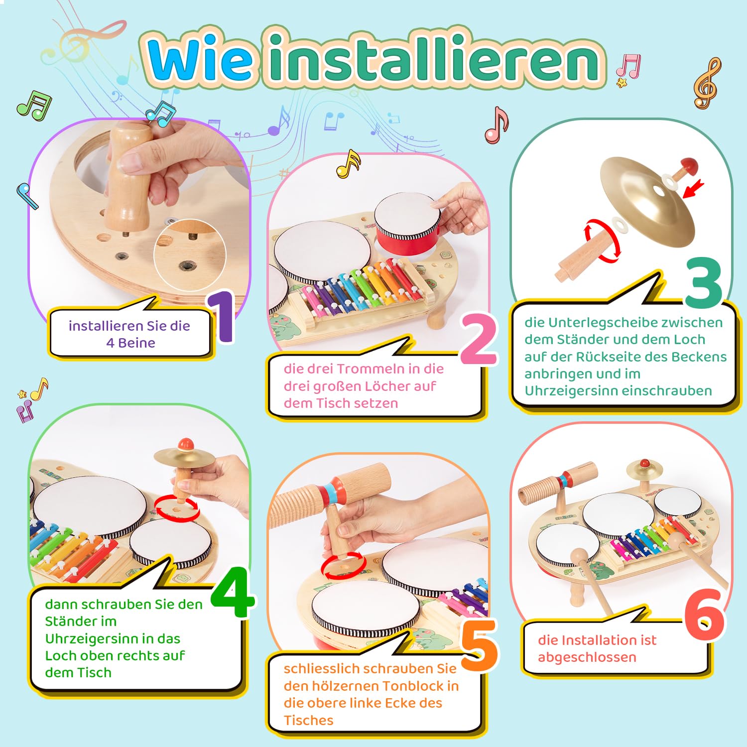 Schlagzeug Kinder, 8 In 1 Kinder Trommel Set, Musikspielzeug Musikinstrumente mit Xylophon, Holz Montessori Spielzeug für Jungen und Mädchen
