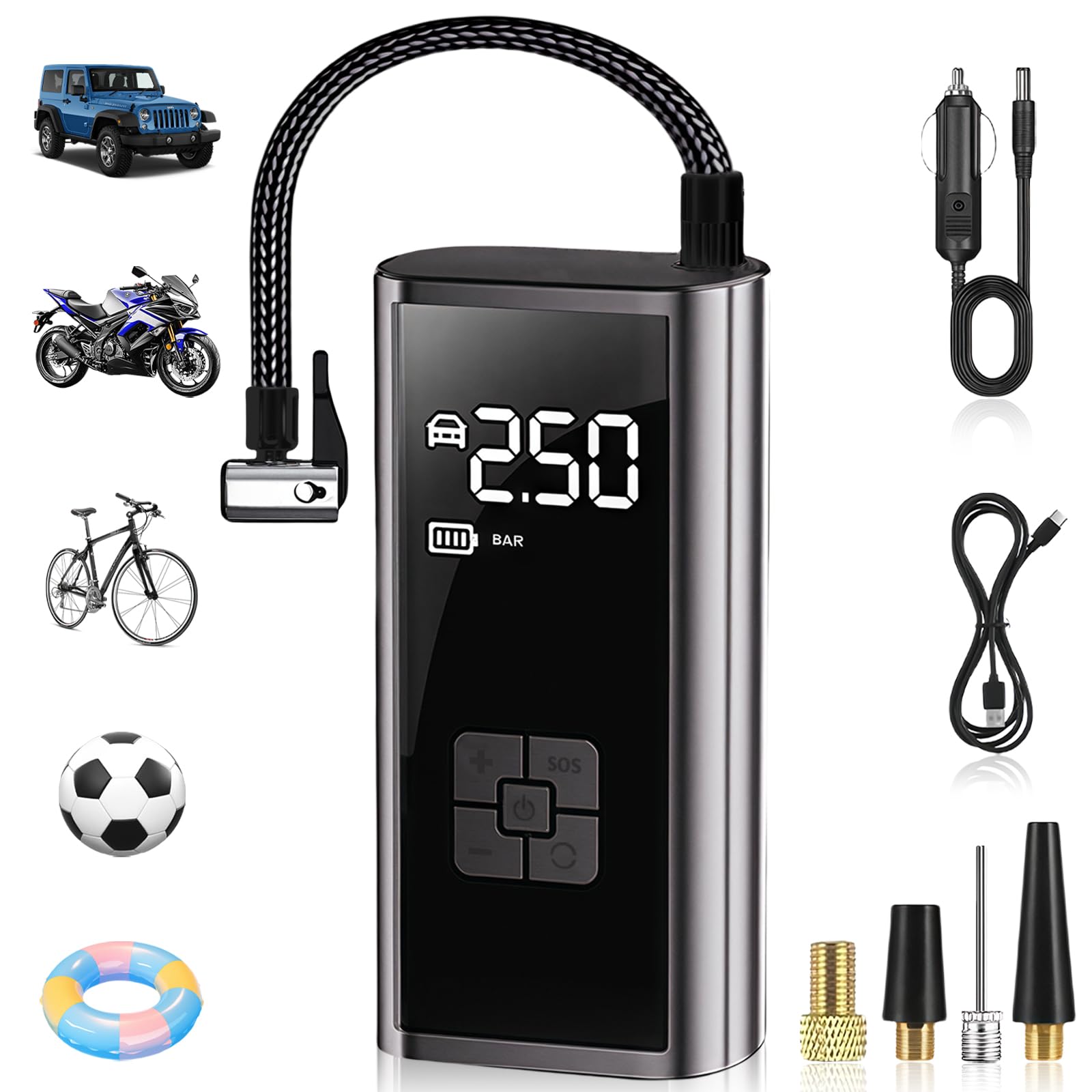 flintronic Compressore Aria Portatile Auto Senza Fili, Batteria Ricaricabile USB 12 V, Compressore ad Aria Portatile, Fino a 150 psi, Luce Led Integrata, 4 Adattatori per Ugelli, Adatta per Auto,Moto