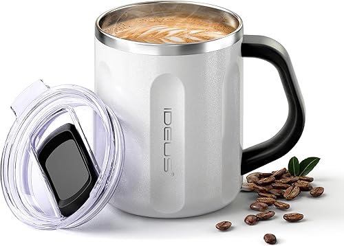 Miniatura 26 de Ideus Taza de café aislada de 16 oz con asa y tapa, taza de café térmica de acero inoxidable de doble pared con aislamiento al vacío, taza de café