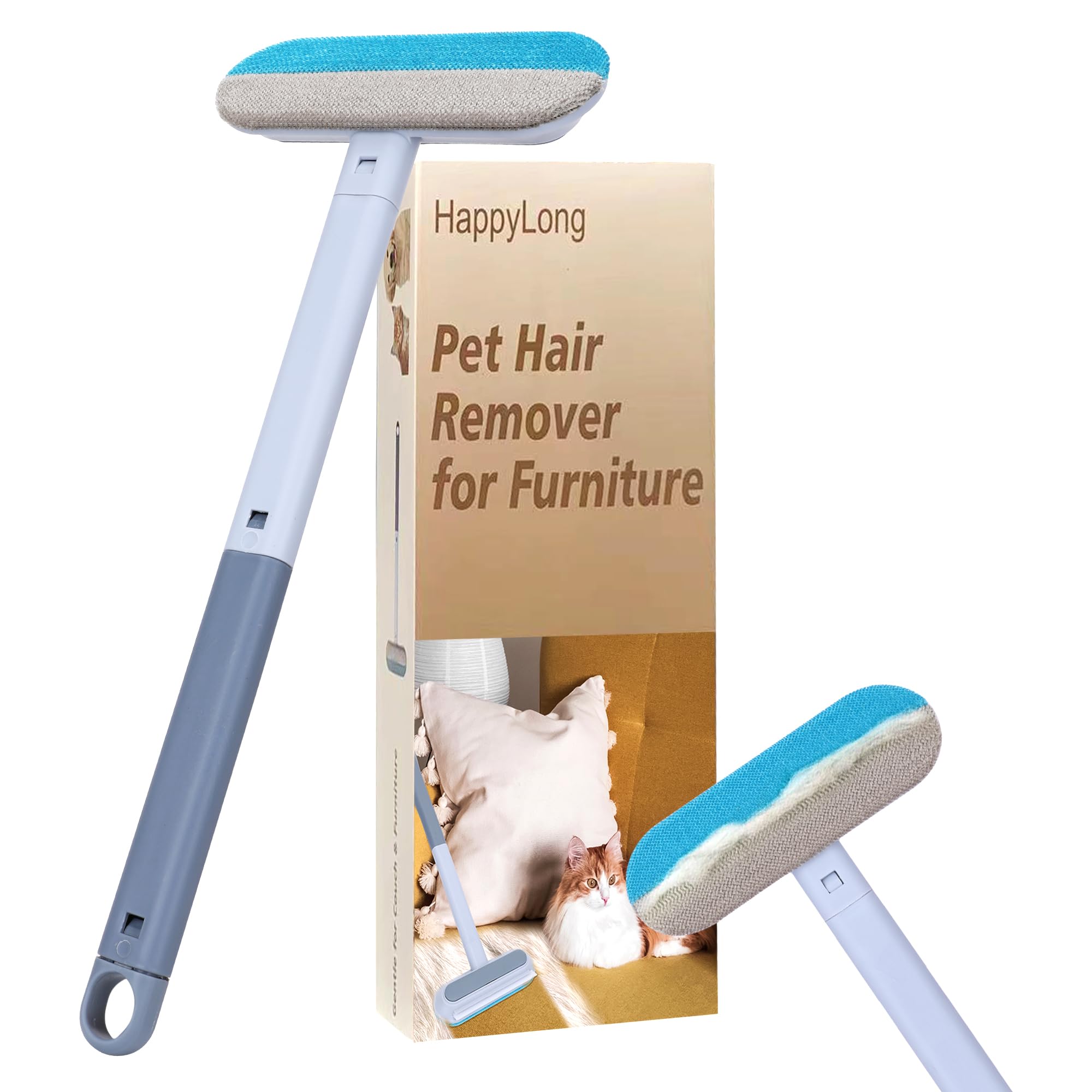 HappyLong Pet Hair Remover for Furniture, Reusable, Effective Lint Brush for Dog and Cat Hair - 17.3Inch Extendable, Gentle on Couches, Carpets, Clothes, Bedding