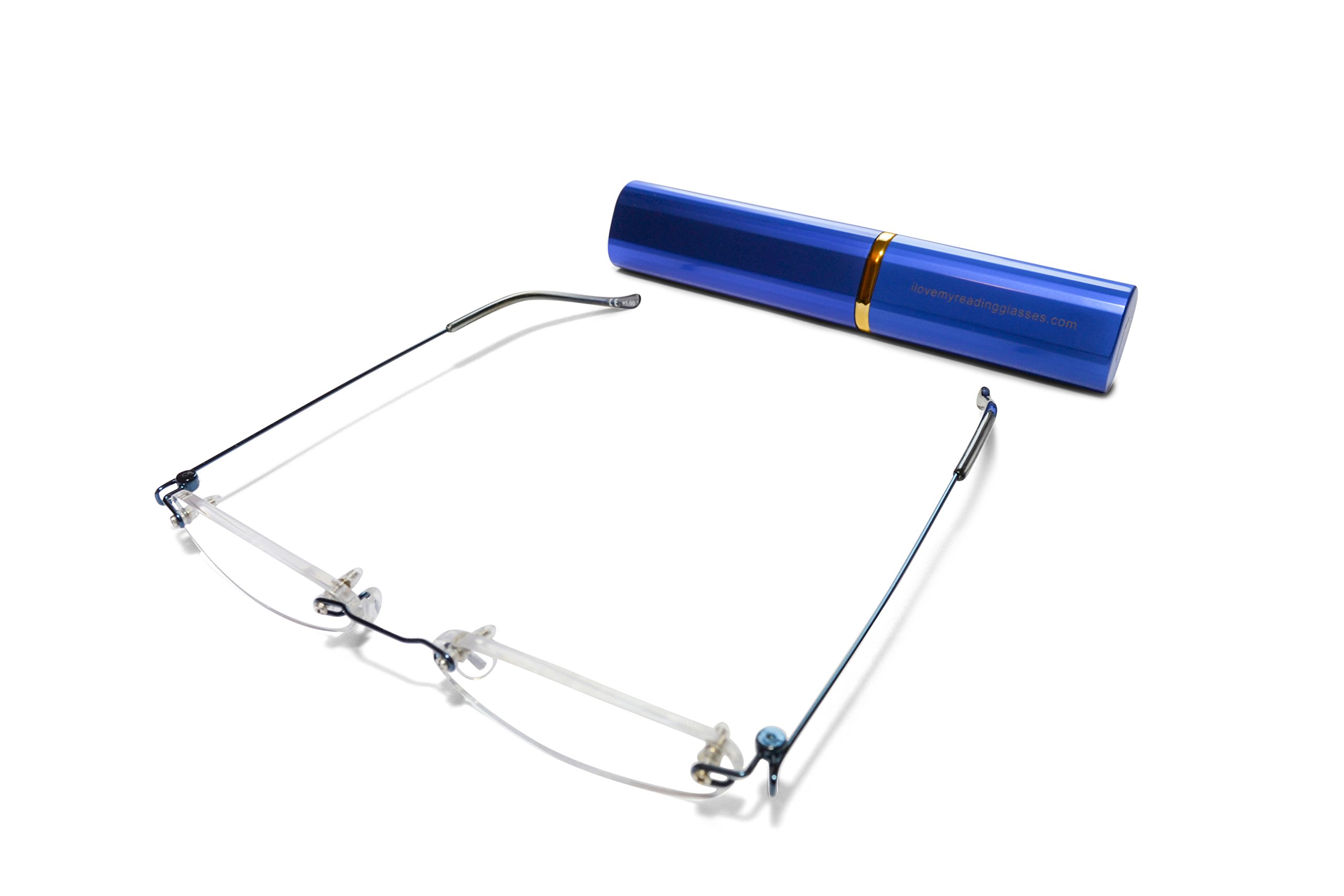 Rimless Reading Glasses for Men and Women +2.5 Blue Ultra Slim and Ultra Light Includes Aluminium Matching Case by ilovemyreadingglasses
