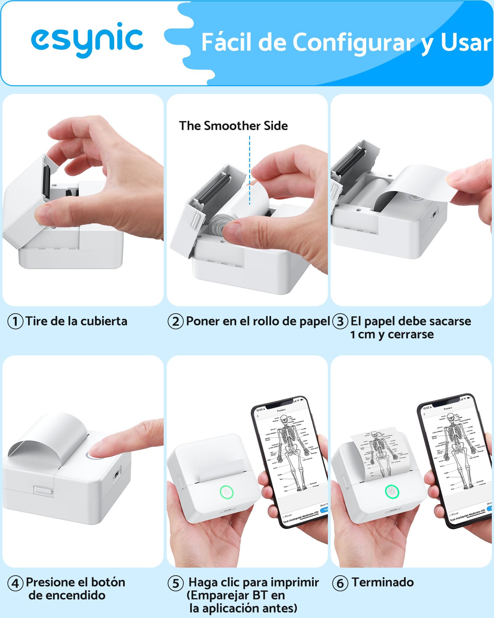 eSynic Mini Impresora Fotográfica Portátil con 10 Rollos Papel, Bluetooth Térmica Sin Tinta