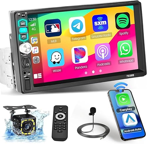 Radio estéreo de coche de 7 pulgadas DIN inalámbrico Apple Carplay Android Auto, pantalla táctil estéreo para coche con Bluetooth 5.1, enlace de