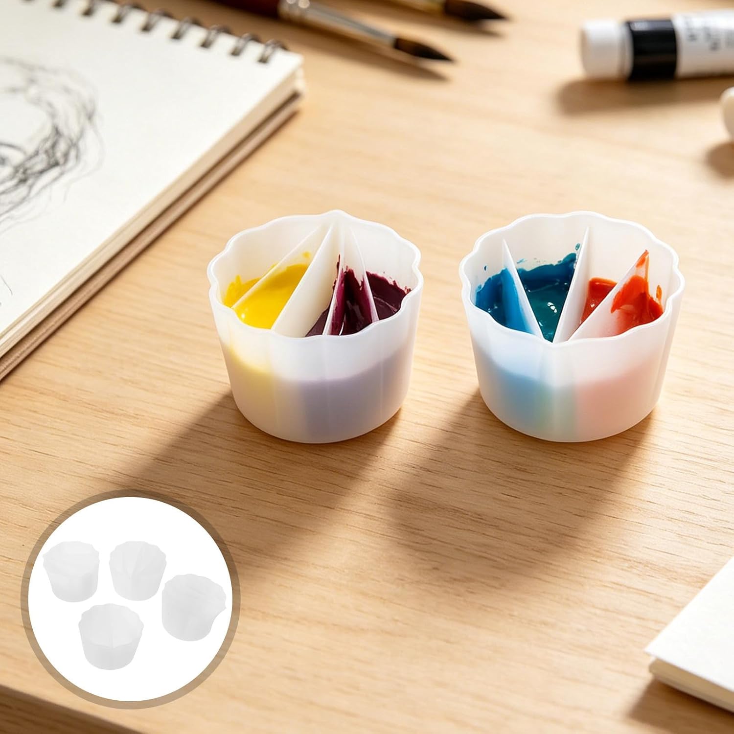TOKIDNY 4pcs Silicone Split Color Mixing Cups for Paint Pouring with Compartments Reusable DIY Palette Cups Art Supplies for Fluid Painting and Resin Craft Random Color
