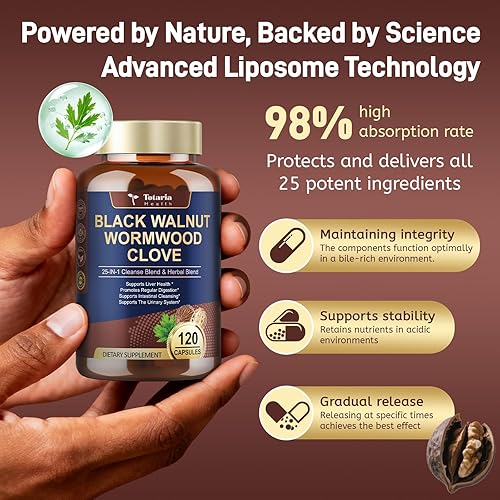 Miniatura 5 de Totaria 120 cápsulas de limpieza 25 en 1 de ajenjo negro y nuez para humanos - Limpieza intestinal desintoxicante y salud digestiva y hepática con