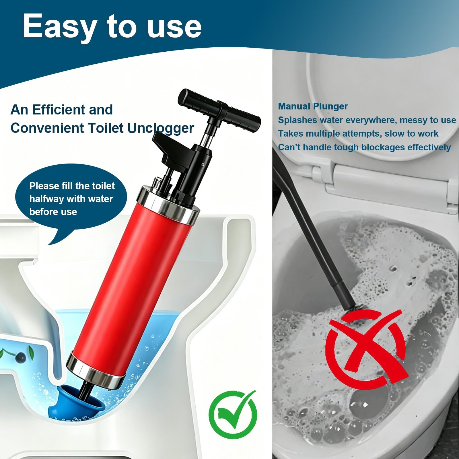 Druckluft Rohrreinigerm, Pressluft Rohrreiniger mit 4 Saugnäpfe, Toiletten | Abflussreiniger pumpe mit Luftdruckanzeige für Spüle, Boden, Badewanne, Rot und Silber