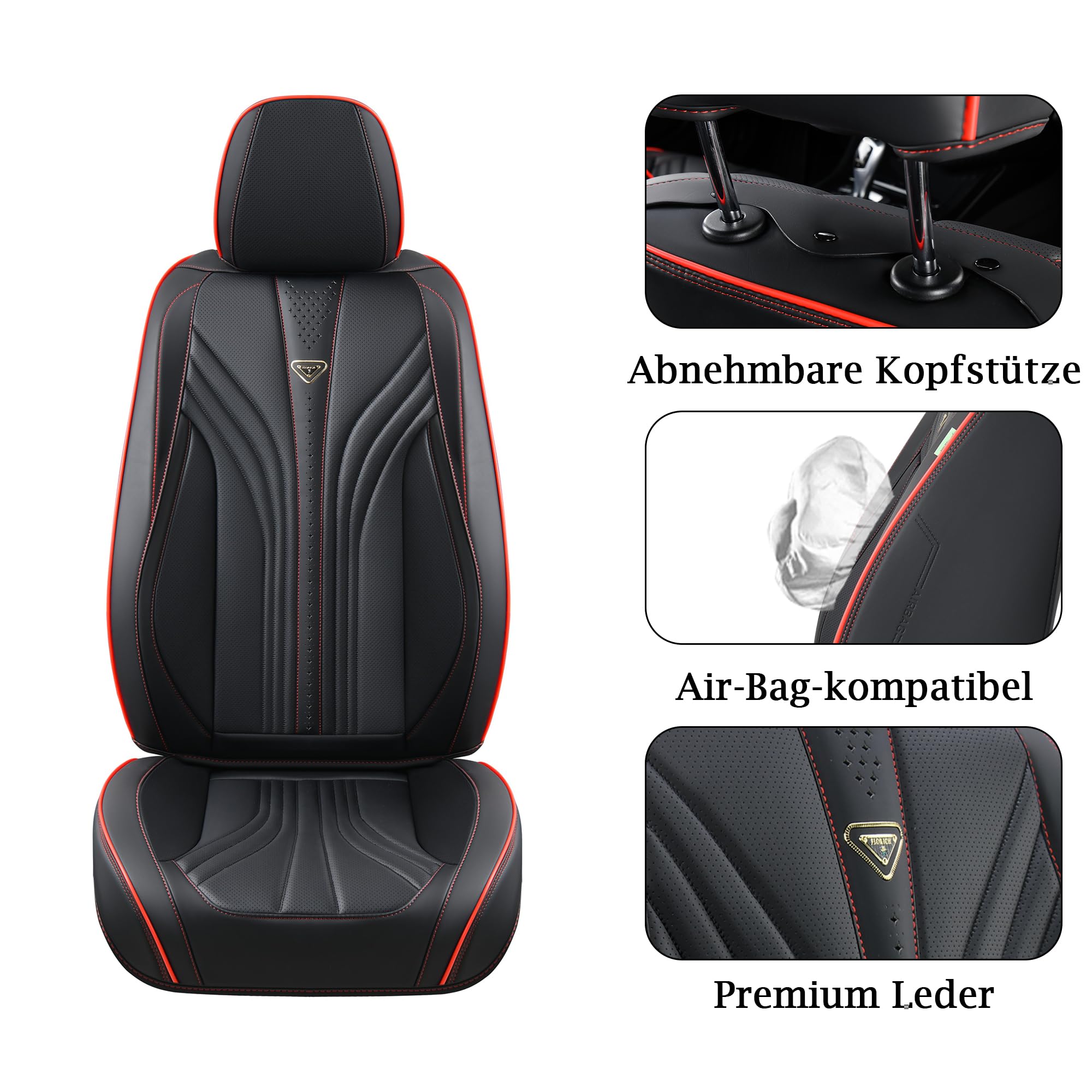 FLORICH Autositzbezüge Set PU Leder Vordersitze und Rückbank, wasserdichte Autositzauflage Universelle Passform für 95% Limousine, SUV, Pickup, Van (Komplettset, Schwarz&Rot Linie)