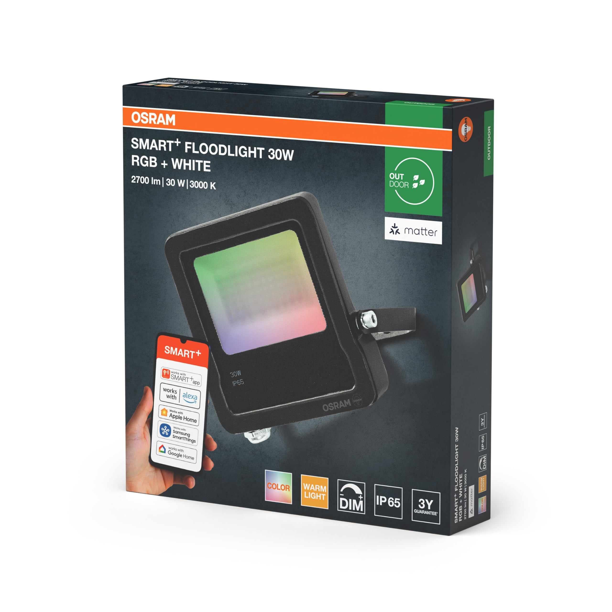 OSRAM SMART+ Matter Faretto LED, 20W, 1600lm, RGBW 16 milioni di colori, 3000K, WiFi, Matter, Alexa/Google, IP65