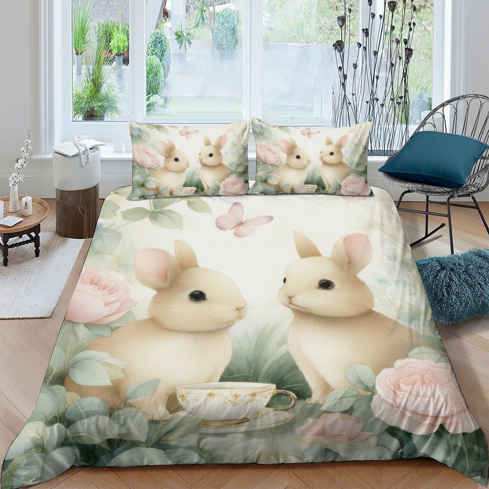 Ctjqhvkz Style-9 3D Printed Bunny Meadow Fitted Sheet Microfiber Soft Floral Rabbit Bed Cover For Bedroom Guest Room Decor Protection Single（135X200cm）