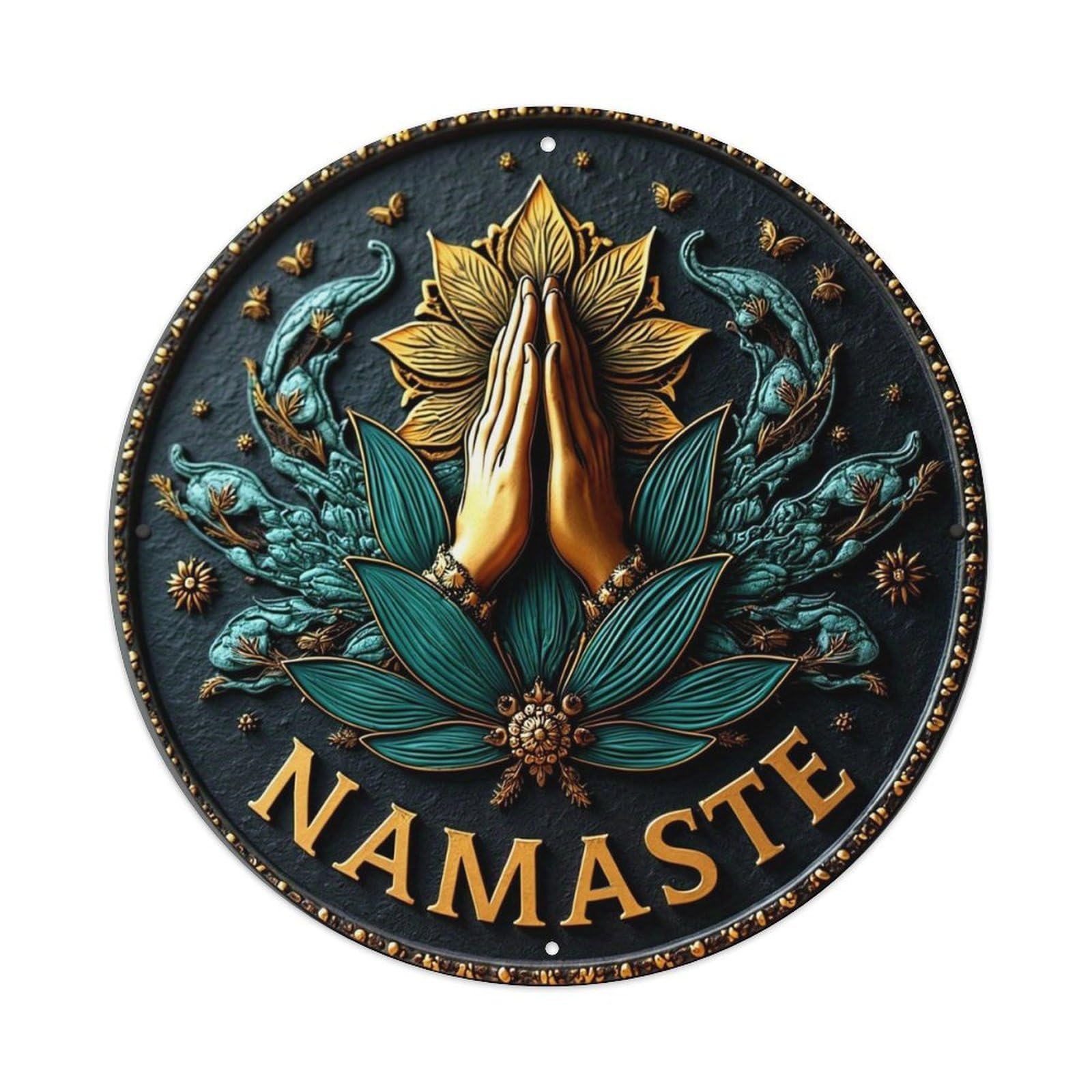 Namaste Hands Lotus Flowers Leaves Vintage Round Tin Sign Retro Metal Wall Decor Metal Poster, Home Bar Garage Cafe Wall Art Decoration 8x8Inches