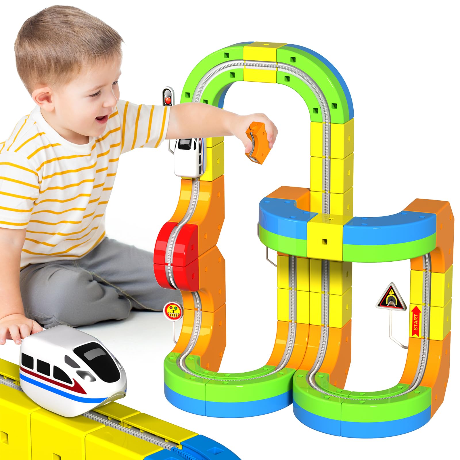 Electric Train Set for Kids, 69Pcs 3D Racing Track Set with Electric Train, Traffic Signs, STEM Train Toy Set for Boys and Girls Aged 3 4 5 6 7 8 9 10 Years Old Birthday