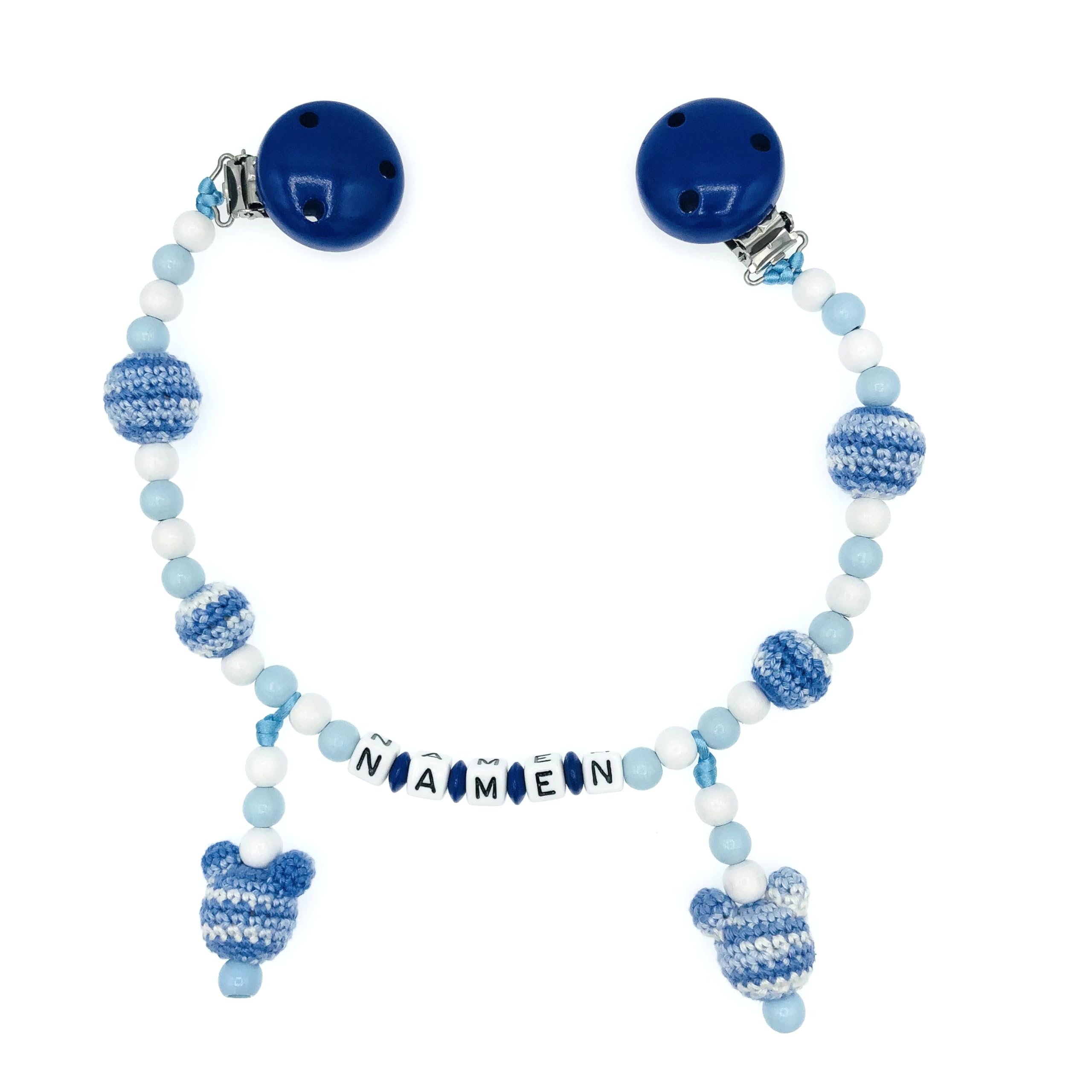 Set Nuckelkette + Kinderwagenkette mit Namen " MAUS " Dunkelblau Babyblau Weiß mehrfarbig/Baby/Unisex/Personalisiert/HANDMADE