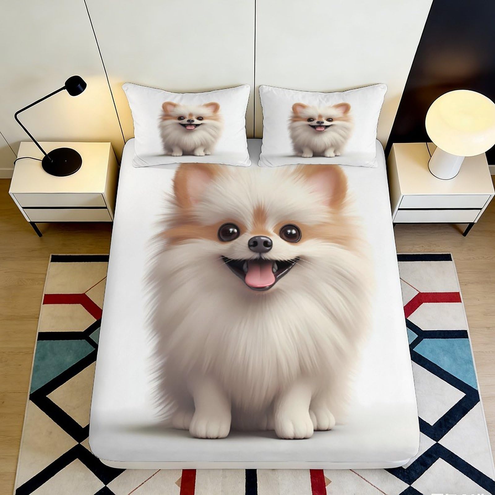 3D Printed Cute Pomeranian Fitted Sheet Microfiber Soft Breathable Happy Dog Bed Cover for Bedroom Dormitory Guest Room Mattress Protection Decor 140x200x25cm