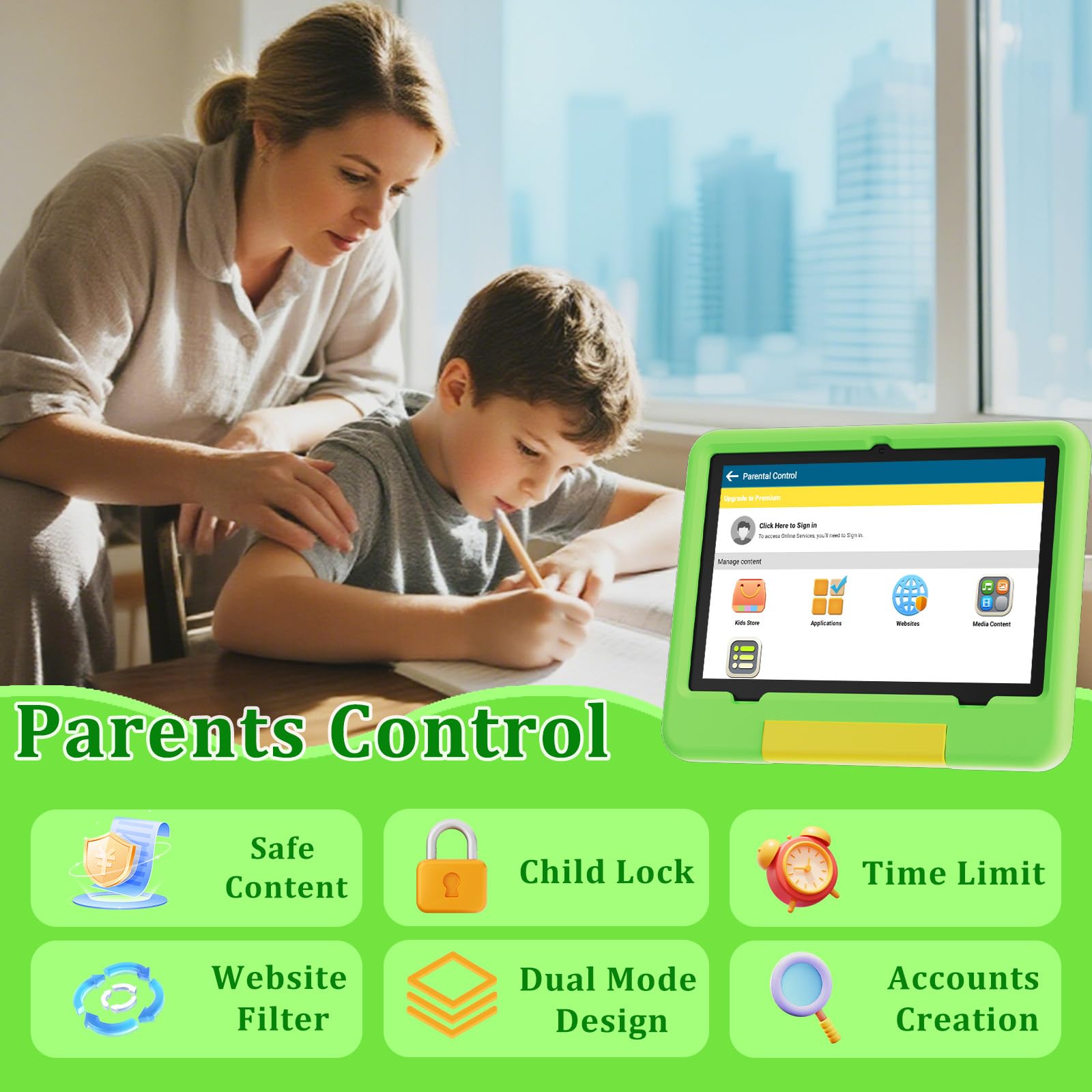 PEICHENG Tablet per bambini con custodia protettiva in EVA, Android 15.0 Toddler Tab PC 10.1Inch RAM 20GB (4+16Expand) + ROM 128GB IPS 800 * 1280 5.0Bluetooth (verde)