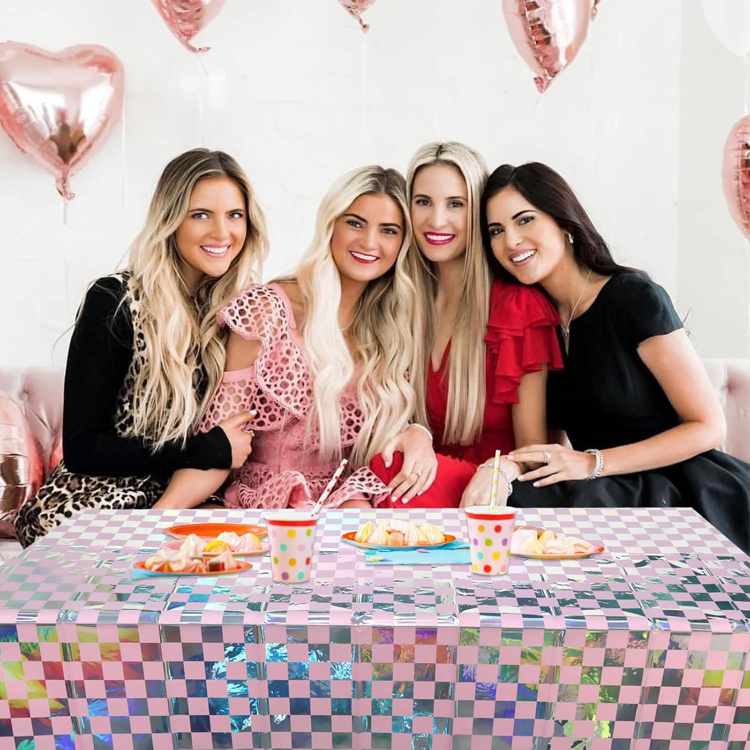 Lilwomen 4-Piece Iridescent Checkered Party Tablecloths, Pink Girls Party Supplies, Laser Rectangle Theme Tablecovers, Iridescent Checkered Table Cover for Girls Kids Baby Shower
