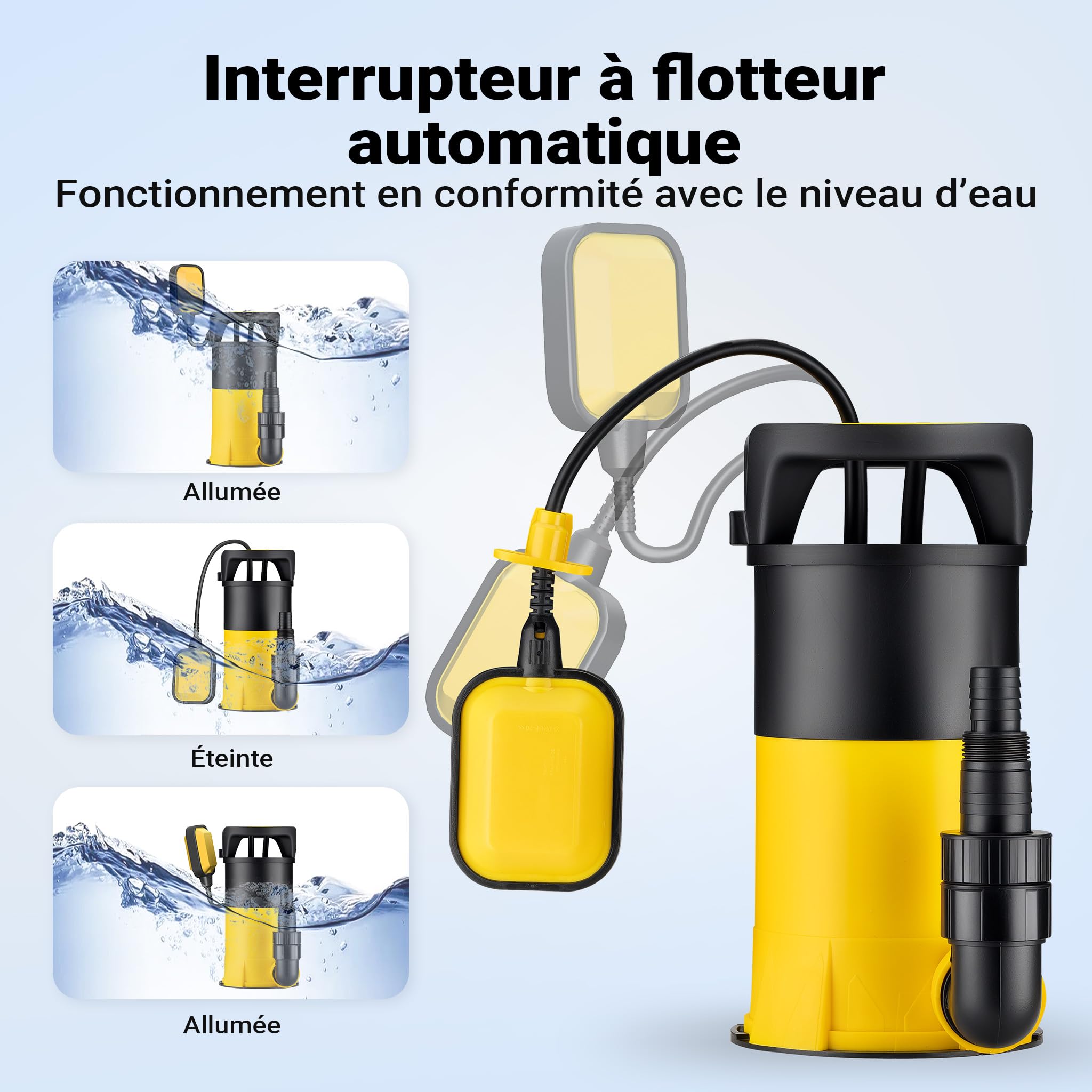 Wiltec Pompe à eau immergée 3 en 1 à aspiration plate 400 W – Jusqu’à 1 mm – 8000 l/h – Refoulement max. 5 m, profondeur max. 7 m – Interrupteur à flotteur, Thermorégulateur – Pompe submersible