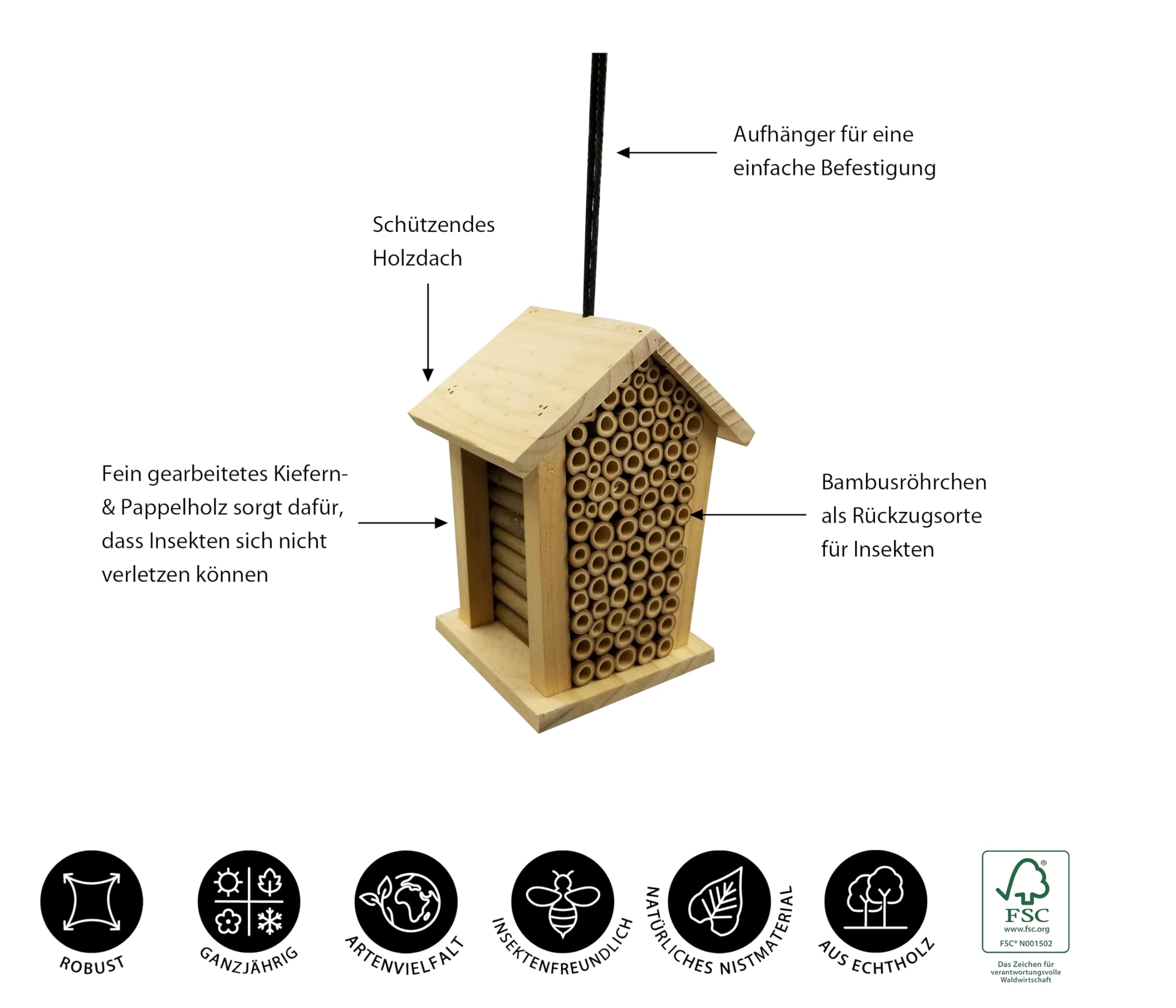 Dehner Natura Premium Louisiana - Casa para Insectos (19 x 15 x 12 cm, Madera de Pino), Color Natural