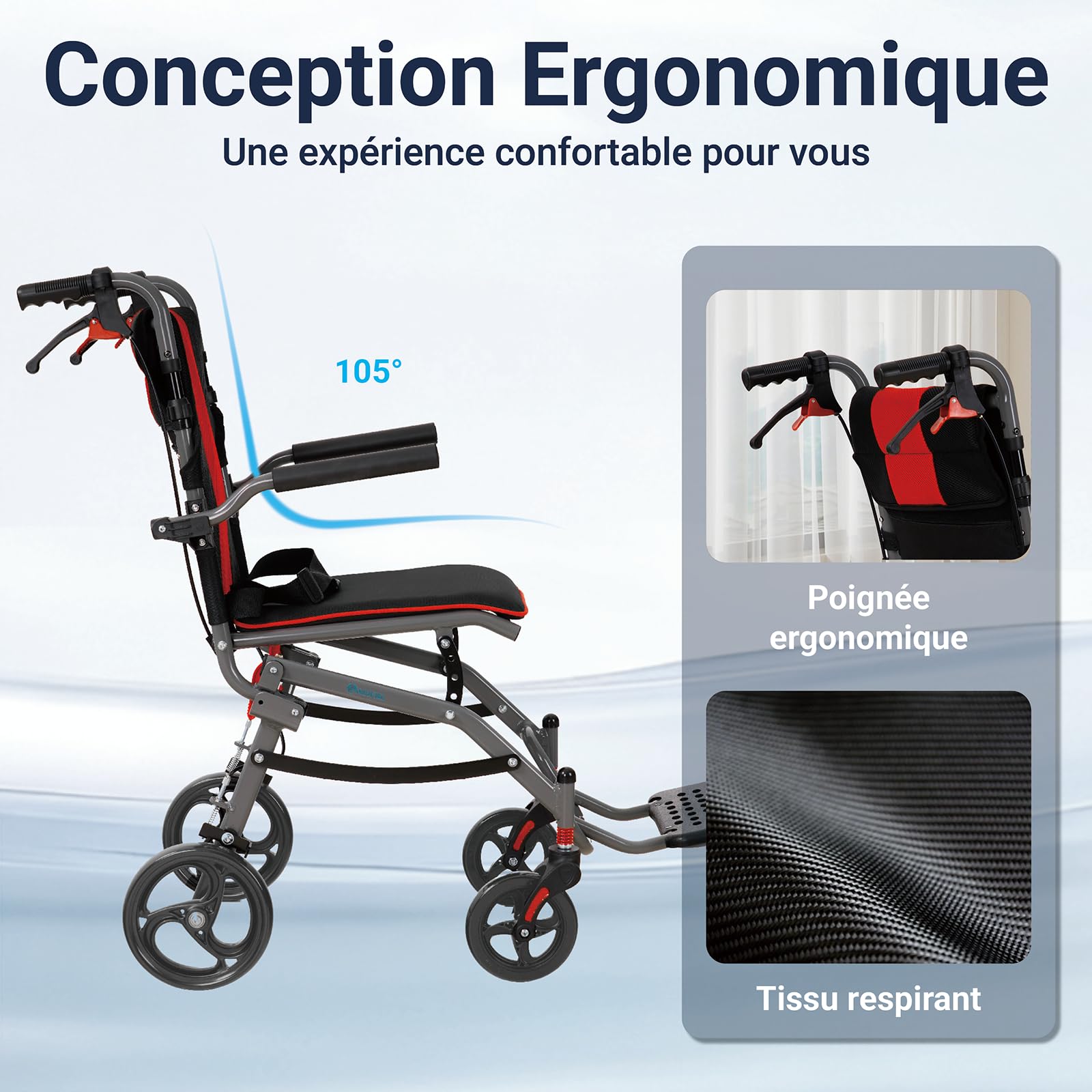 fauteuil roulant ultra-léger, pliable, rampe légère, fauteuil roulant de voyage, ultra-léger, étroit, pliable, en aluminium avec 2 roulettes pivotantes, robuste pour un usage domestique