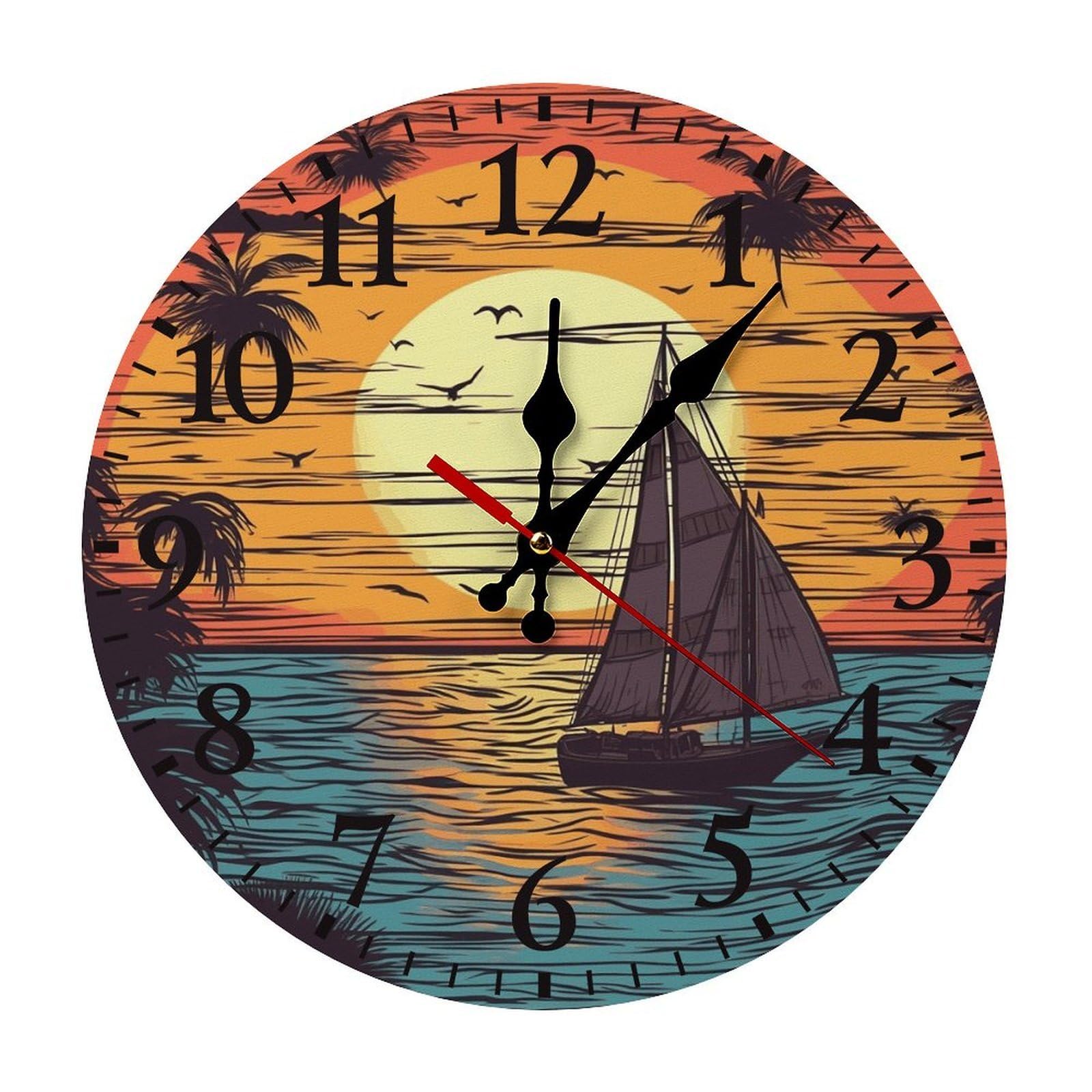 NTVOWPZO 10 Inch Wall Clock Sunset and Sailboat Battery Operated Wall Clocks Silent Non-Ticking Round Wall Clock for Living Room Kitchen Home Office Wall Decorative Clock
