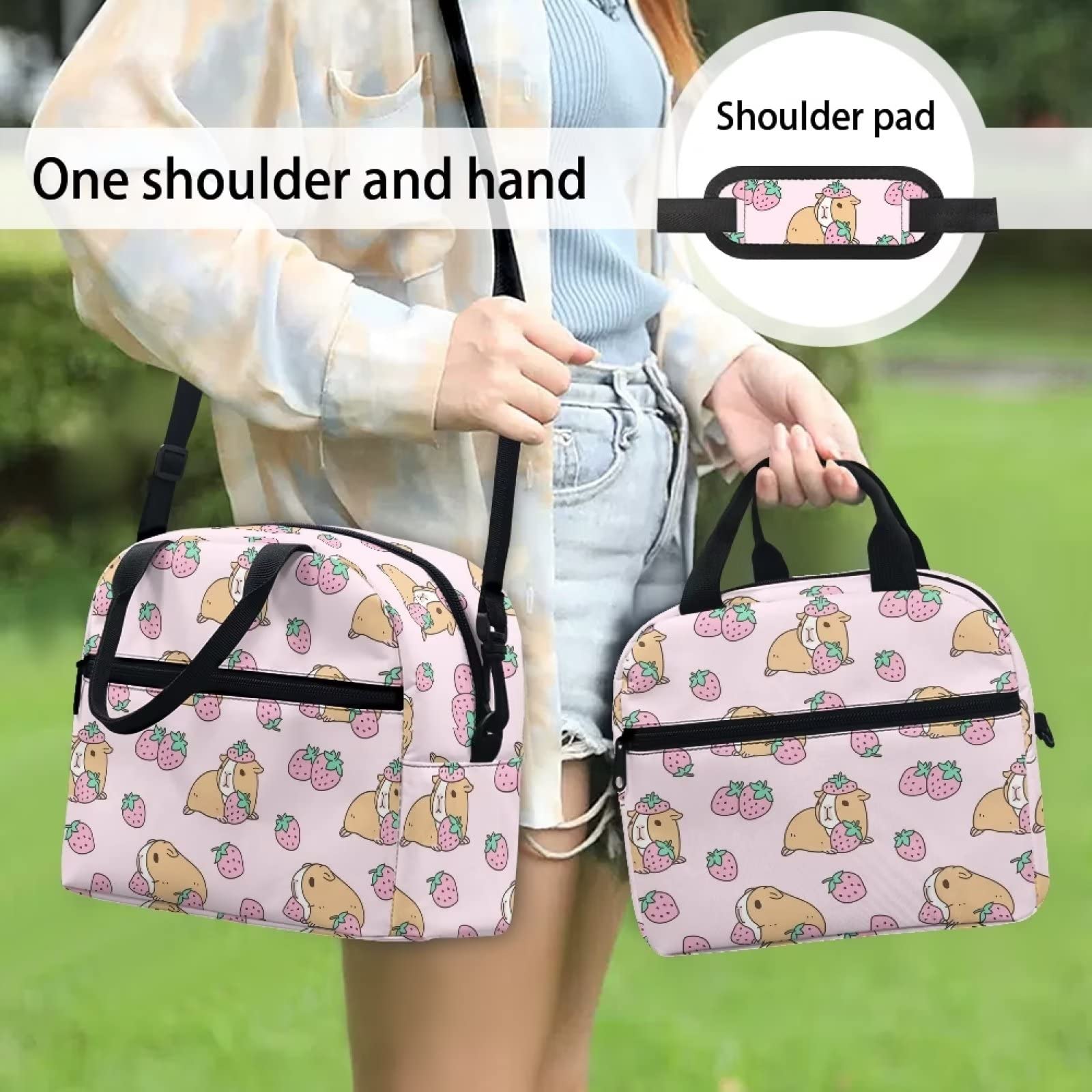 HELLHERO Cute Guinea Pig Lunch Bags for Kids Girls Insulated Coolers Lunch Box Reusable Lunch Tote Bag Snacks Containers for Women Work Picnic Outdoor with Long Strap - Image 4