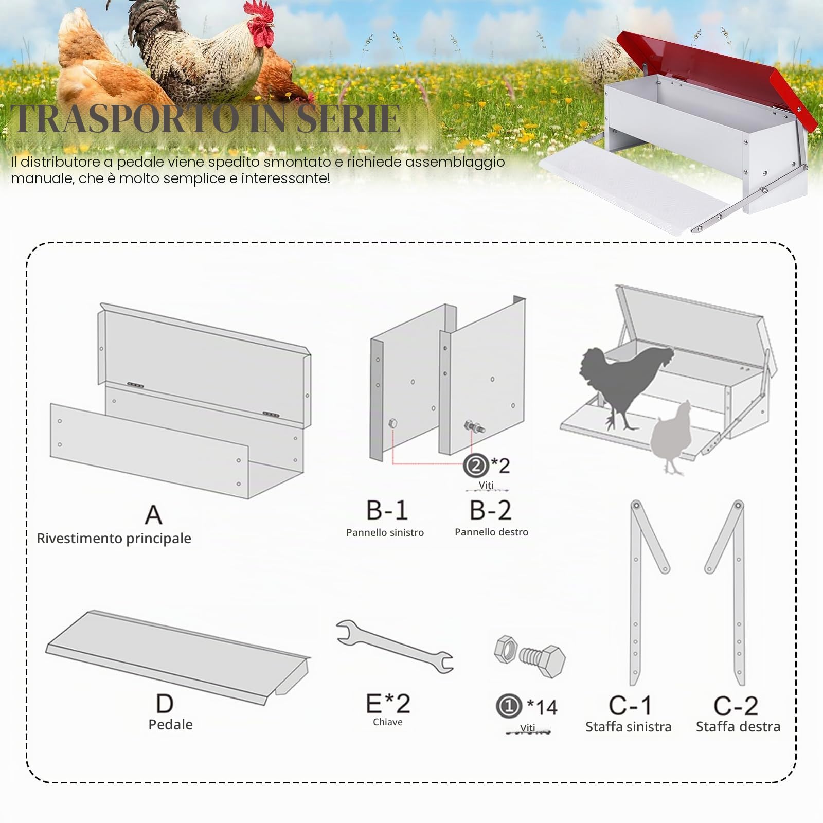 Alimentatore Automatico per Pollame, Mangiatoia per Galline per 5 Kg di Mangime, Mangiatoia Impermeabile per Polli, Tacchini, Oche, Anatre, Mangiatoia a Pedale