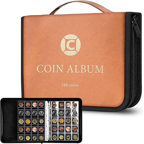 Soporte para libros de colección de monedas para coleccionistas, álbum de recolección de monedas de 260 bolsillos con cremallera y asa. Estuche de