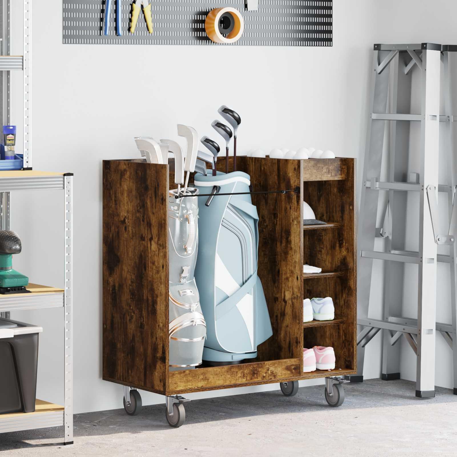 Gecheer Golfschrank mit Rädern, Aufbewahrungsschrank für Golfzubehör, 90 x 45 x 98 cm, Holz in geräucherter Eiche, freistehende Regale mit Metallrückwand für Garage oder Wohnraum