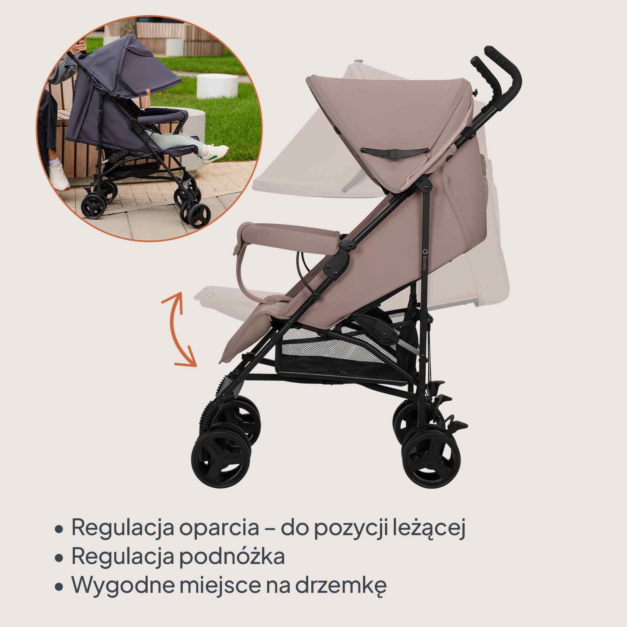 LIONELO Elia Buggy mały, składany wózek dziecięcy, do 15 kg, regulacja oparcia i podnóżka, hamulec tylnego koła, moskitiera, ogrzewacz nóg, kosz na zakupy