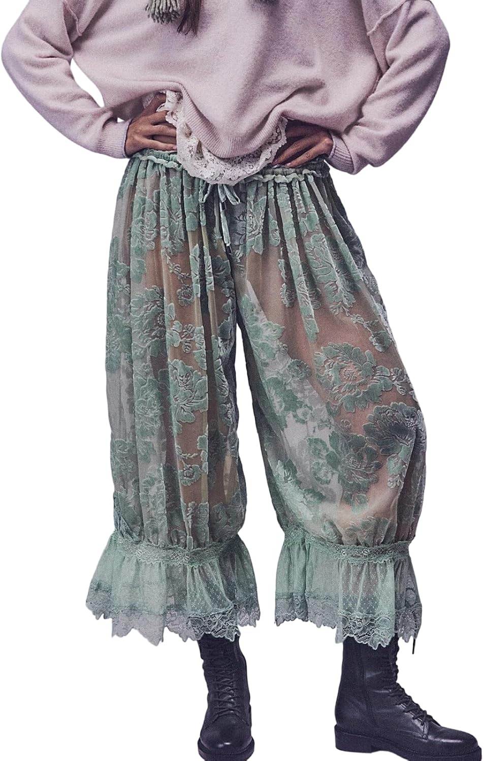 Women Long Bloomer Pants Y2k Lace Trim Ruffle Boho Victorian Pantaloons Capri Lounge Under Dress Pajama Bottom