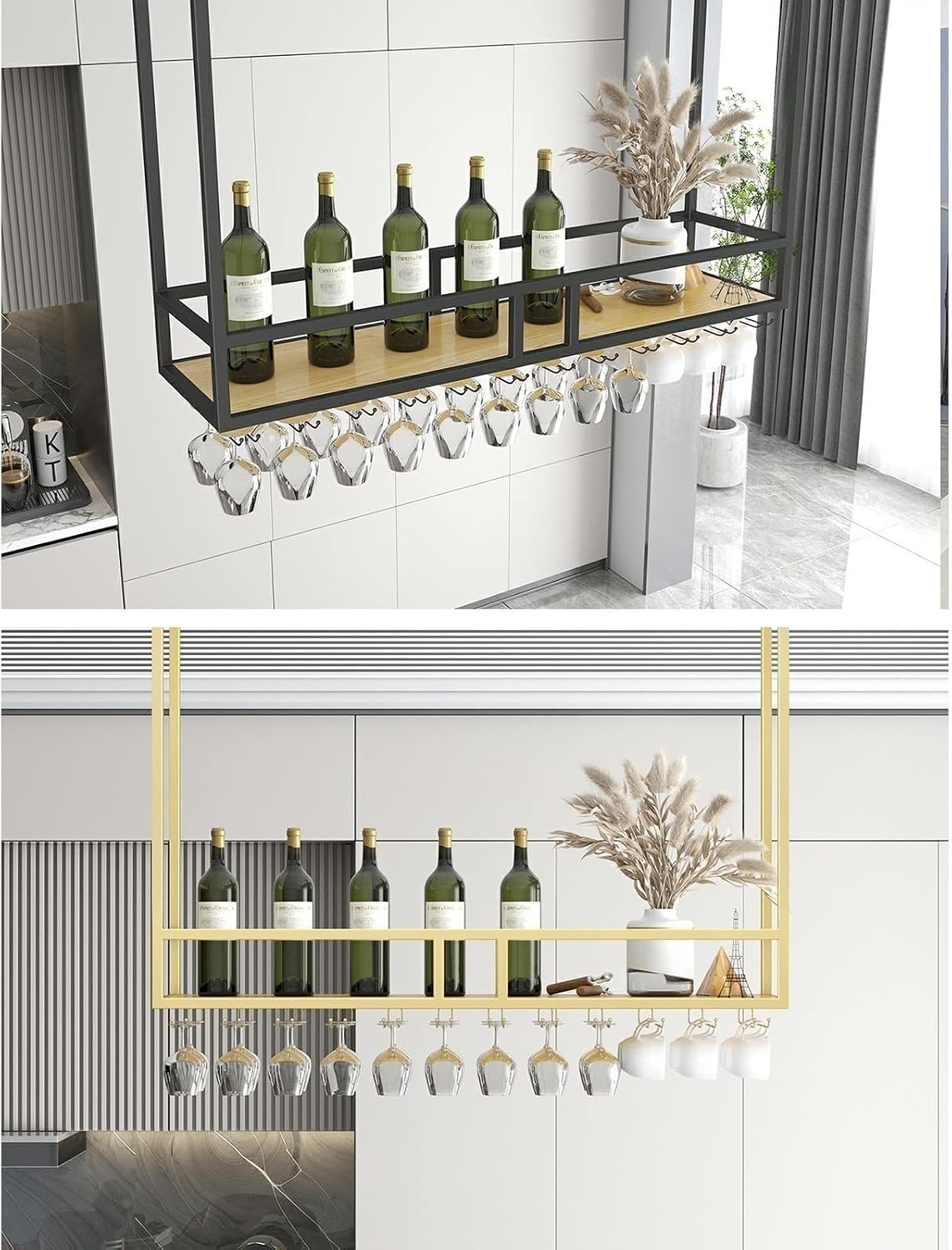Ceiling Wine Glass Rack with Shelf - Hanging Kitchen Display Stand - Wall Mounted Wrought Iron Wine Glass Holder, 2-Layer Solid Wood Display Stand, Ceiling Mounted Storage Rack with Guardrai