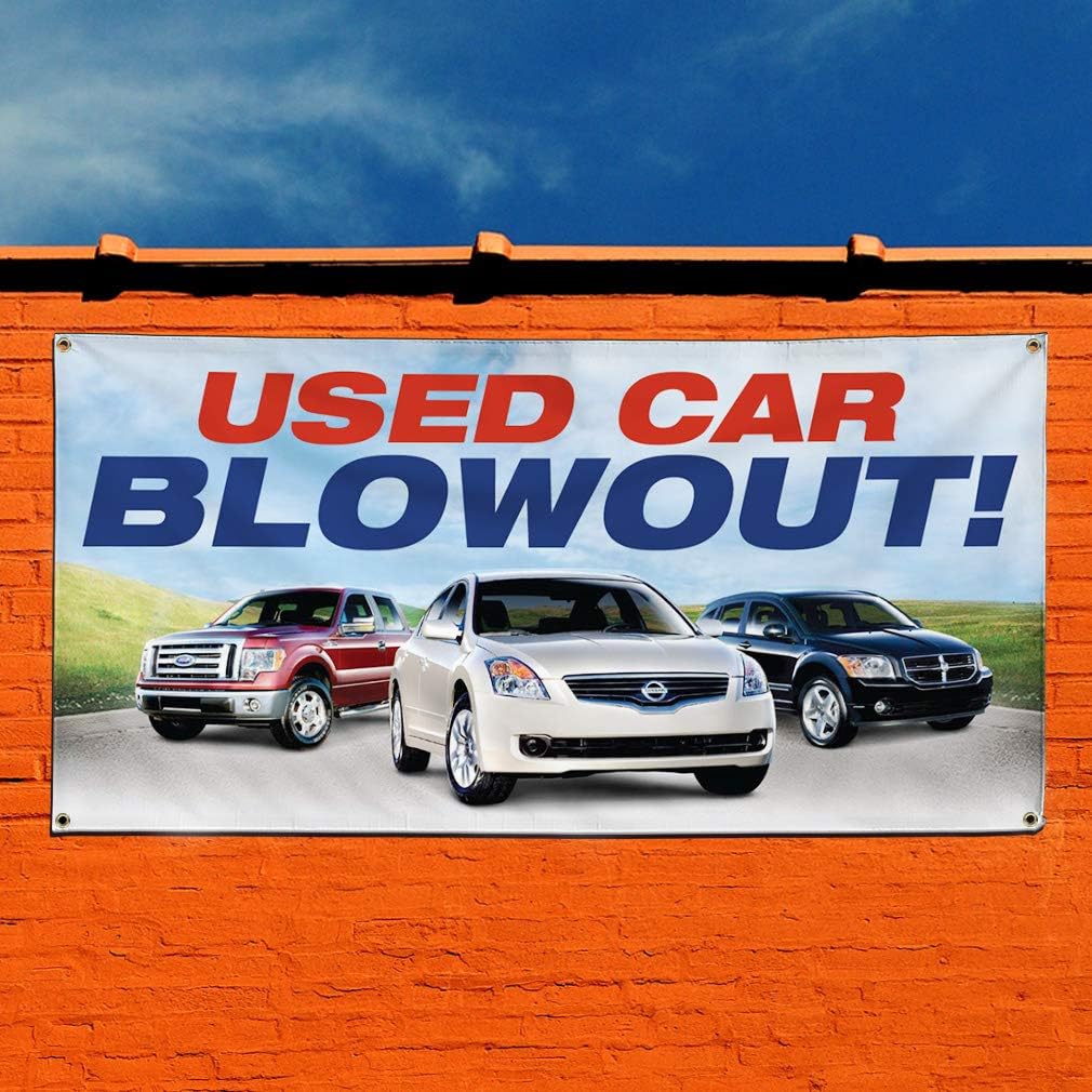 Vinyl Banner Sign Used Car Blowout Auto Car Vehicle Style R Marketing Advertising - 24inx60in, 4 Grommets, One Banner