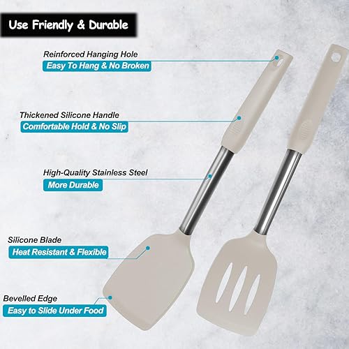 Miniatura 3 de Espátula de silicona y cuchara de cocina, paquete de 5 utensilios de cocina antiadherentes para la cocina, espátulas y cucharas sólidas y ranuradas