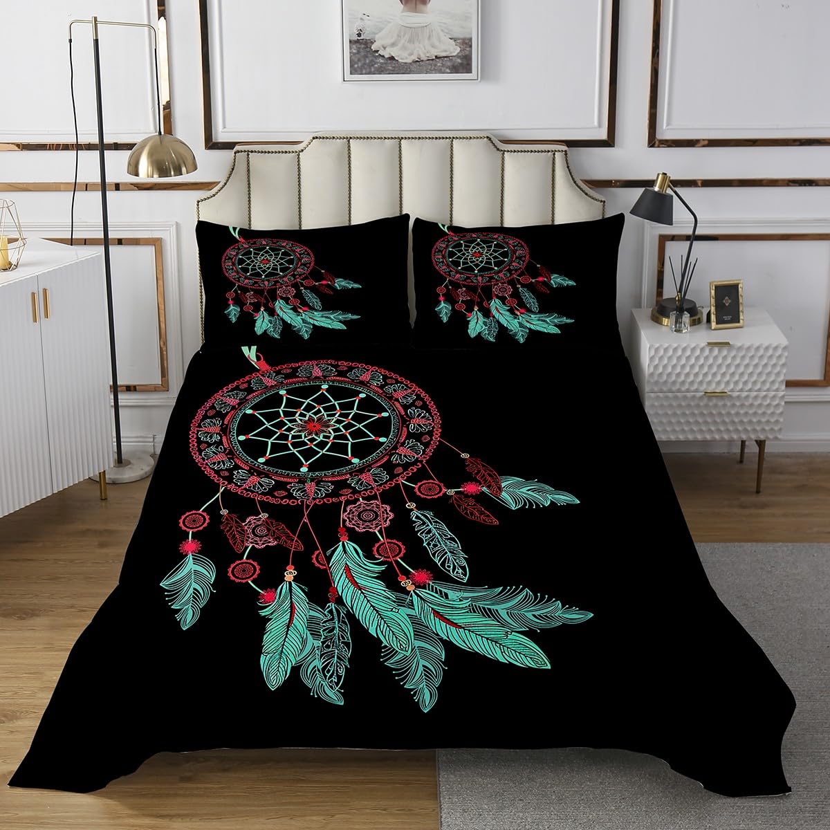 jejeloiu Boys Girls Feather Print Quilted Coverlet Queen Size, Boho Style Coverlet Set Bird Feathers Element Bedspread Kids Teens Bedroom Decor with 2 Pillow Case