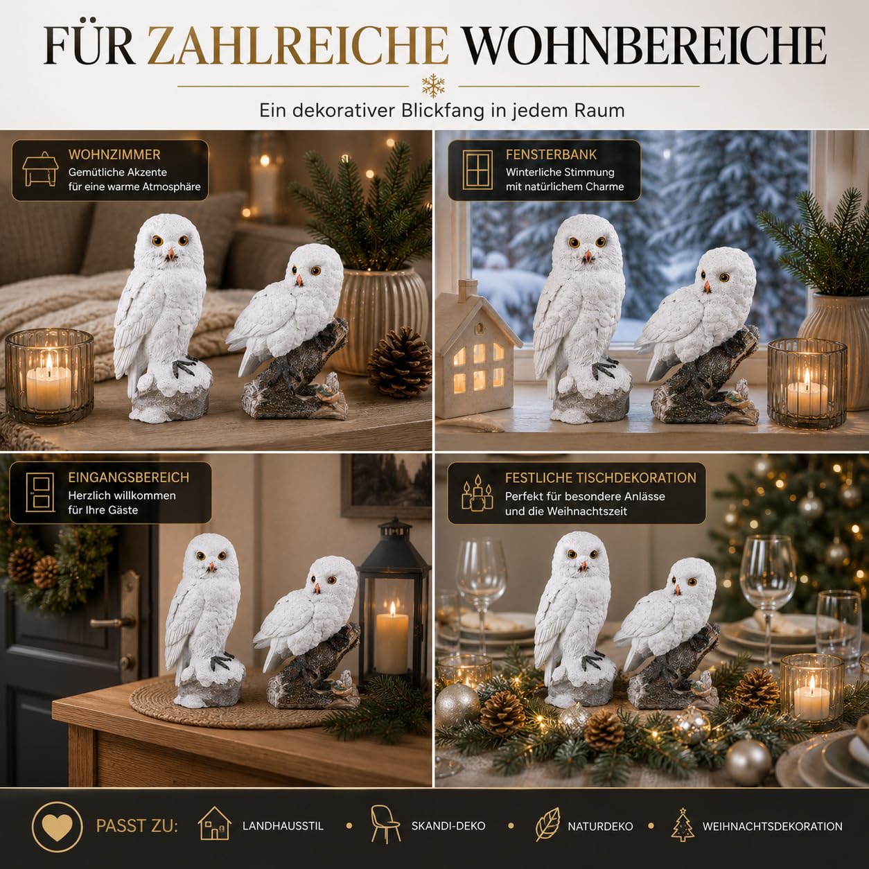 Unbekannt Bollweg Formano Deko Eule sort. 1 von 2 Weiss handgefertigte antikfarben Kunststein-Figur mit geeister, reliefierter Oberfläche