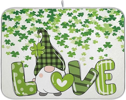 Tapete de secado de platos de gnomos del día de San Patricio para encimera de cocina, tréboles, tapete de secado de microfibra, absorbente y