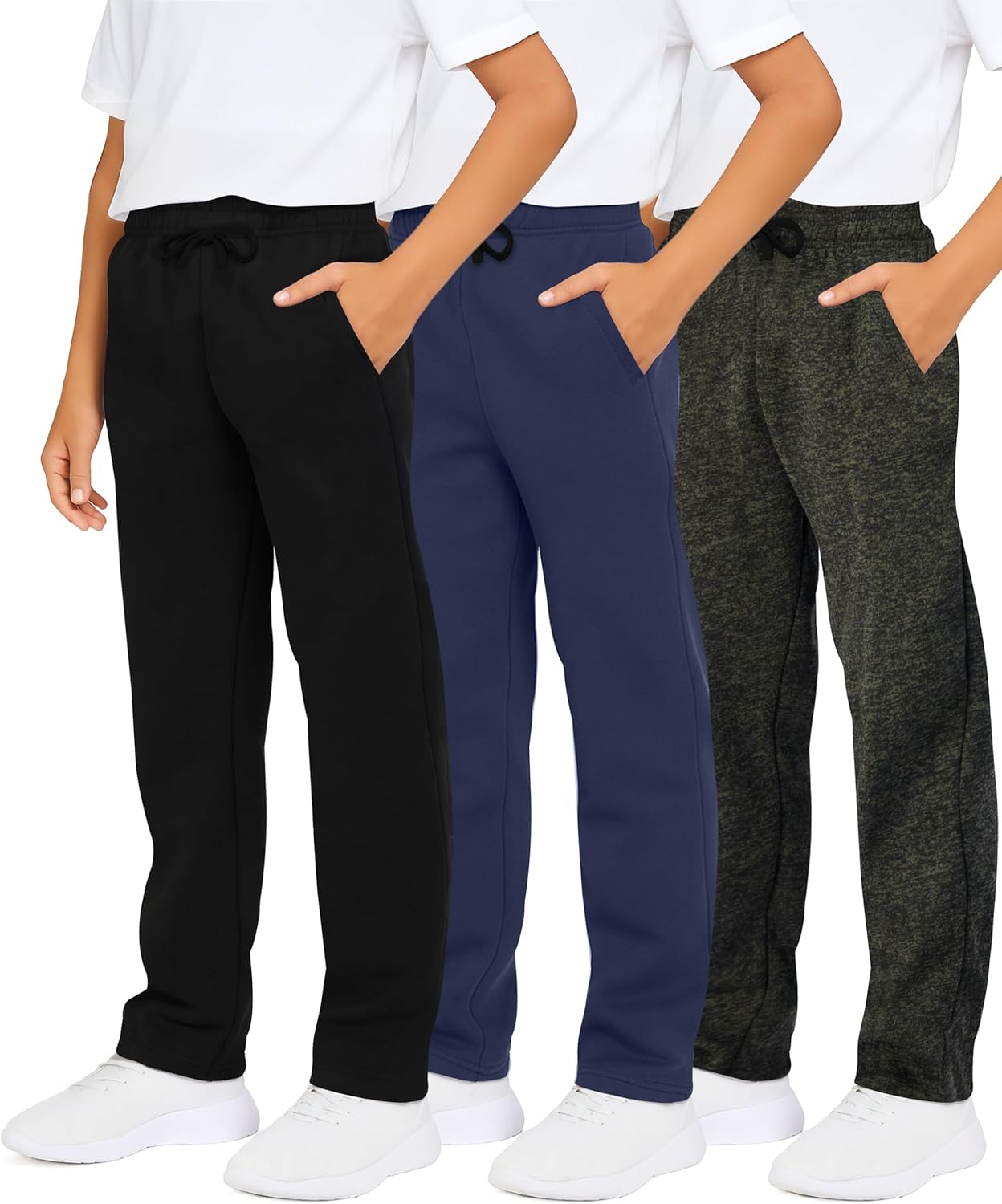 Real Essentials 3 Pack: Boys' Tech Fleece Open Bottom Sweatpants with Pockets (Size 6-24)