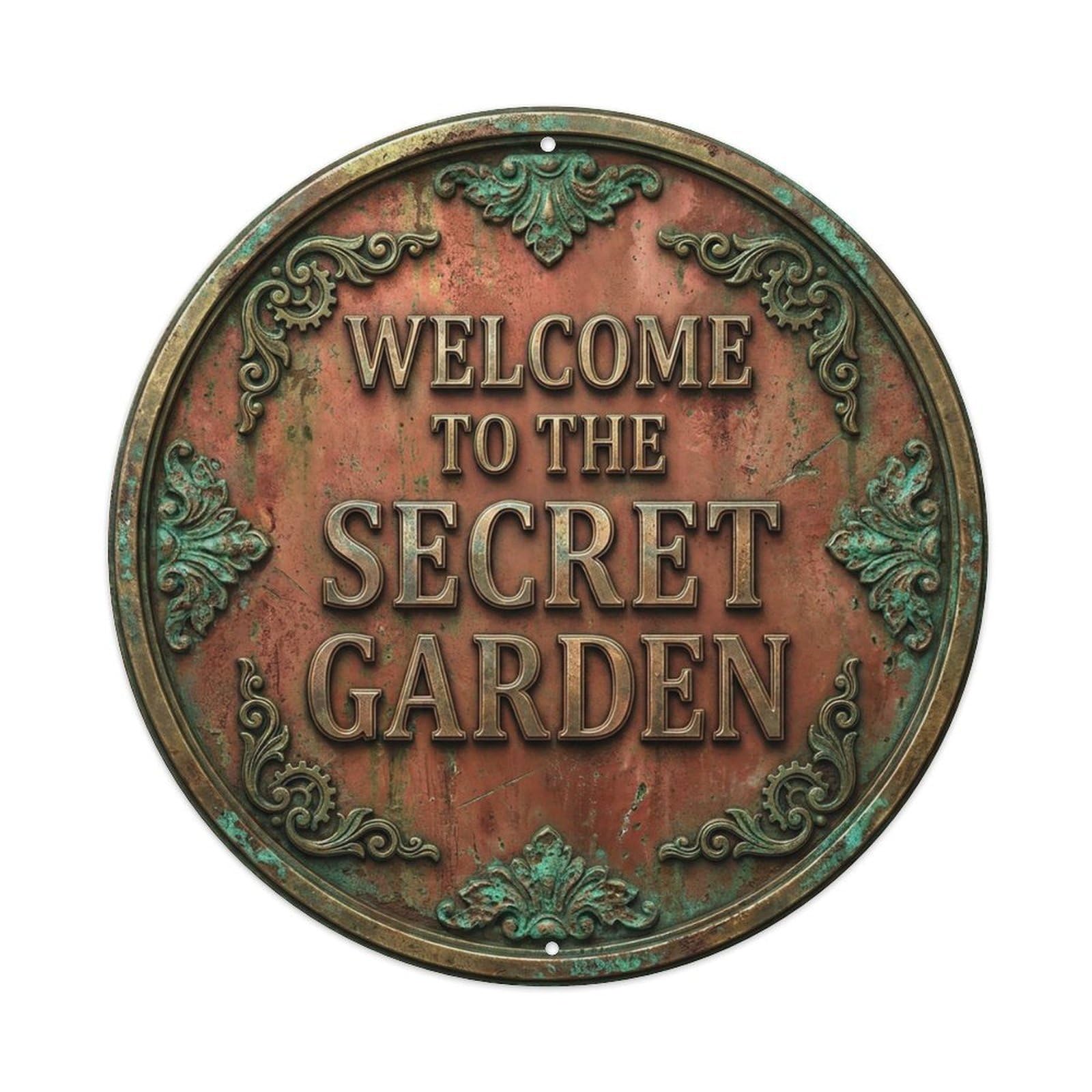 Vintage Welcome Secret Garden Brass Terracotta Corroded Metal Tin Sign
