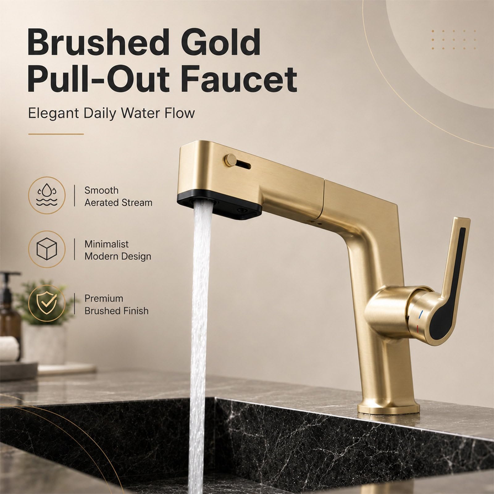Grifo de Lavabo Extraíble para Baño, Monomando de Latón para Agua Fría y Caliente, 3 Modos de Flujo de Agua, Grifería con Caño Estirable, Incluye Mangueras de Entrada