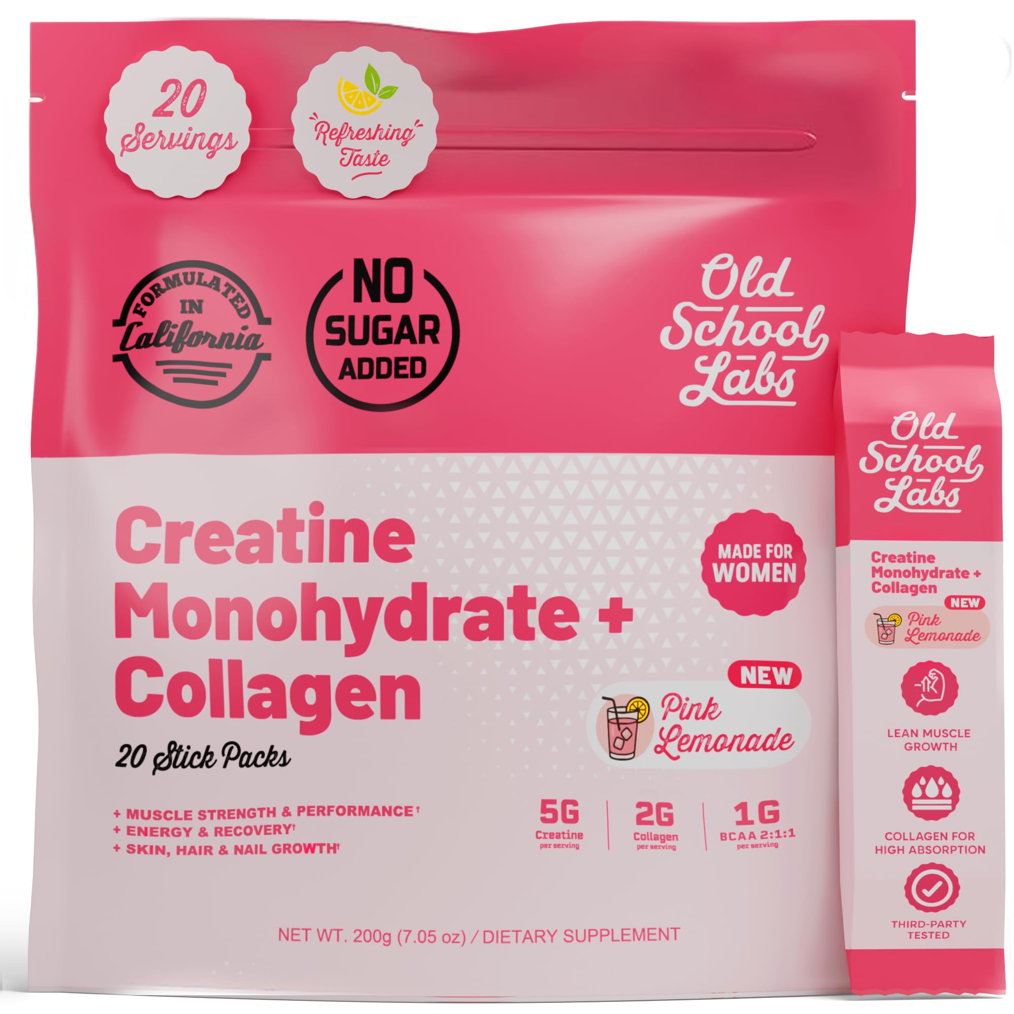 Old School Labs Suplemento para Mulheres com Creatina Monohidratada, Colágeno e BCAA 5 g, 20 sachês