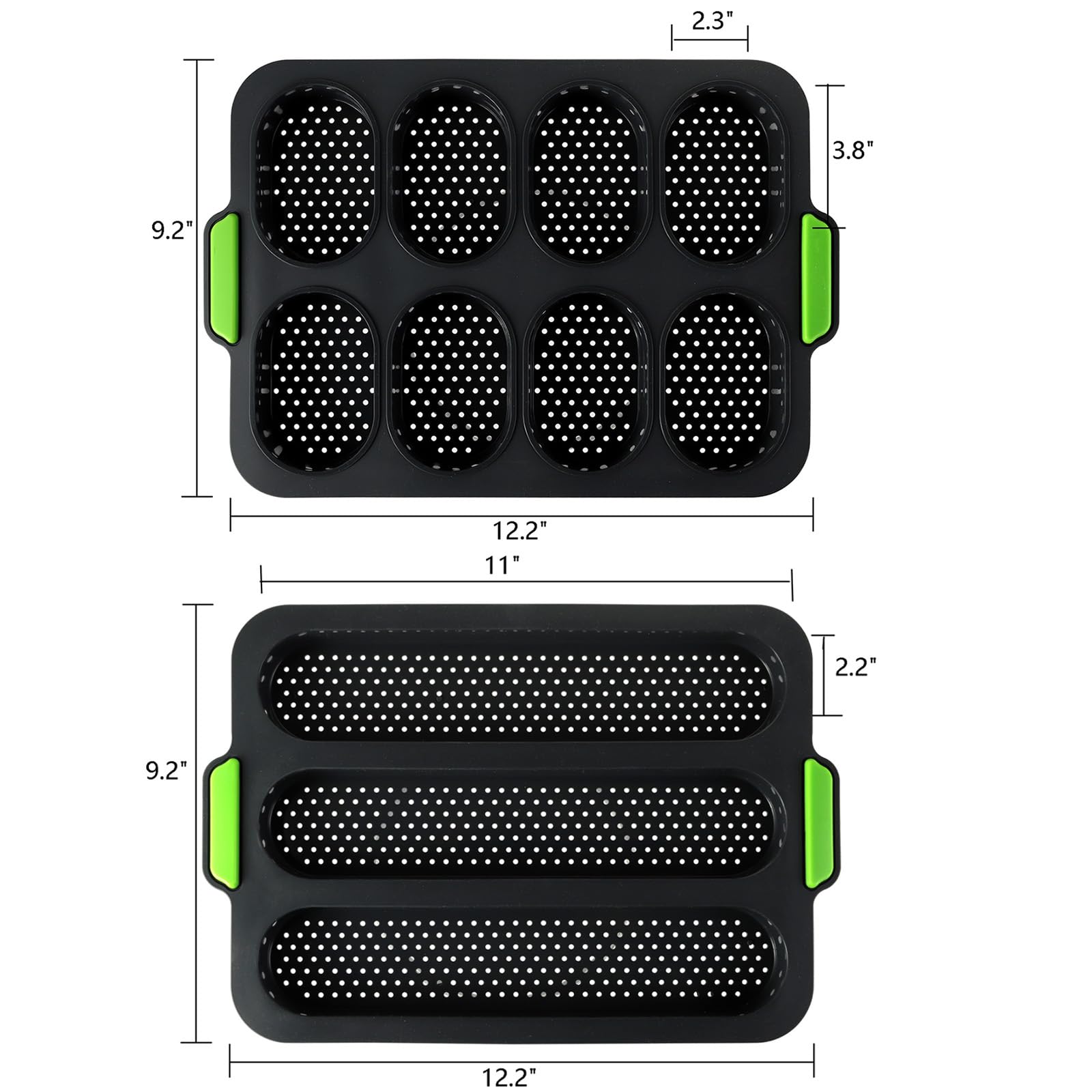 TOPZEA Set mit 2 Silikon-Baguette-Pfannen, antihaftbeschichtet, französische Brotform, perforierte Form, 3 Wellen, Brot, Toast, Backform, 8 Rinnen, Crisping Tray für Kuchen, Kochen, Bäcker, schwarz