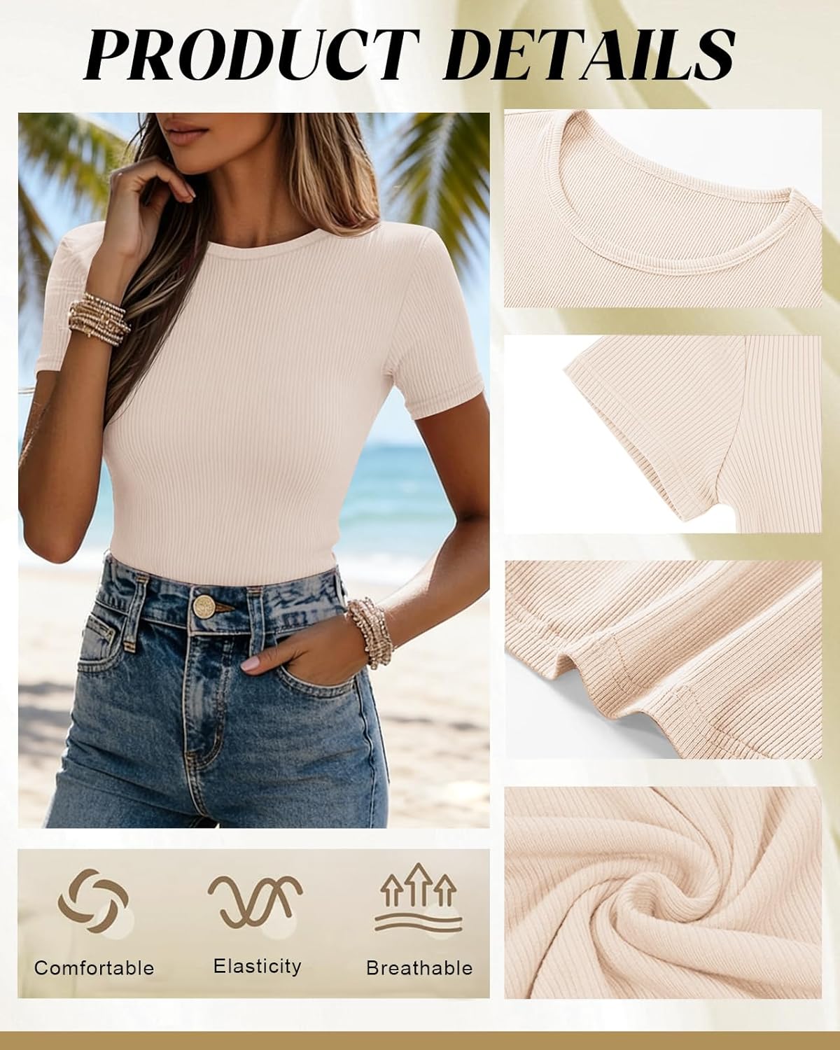 3 Pack Womens Tops Ribbed Cotton Short Sleeve Crew Neck Fitted Slim Soft Basic Plain Solid Layering Summer Casual - Image 6