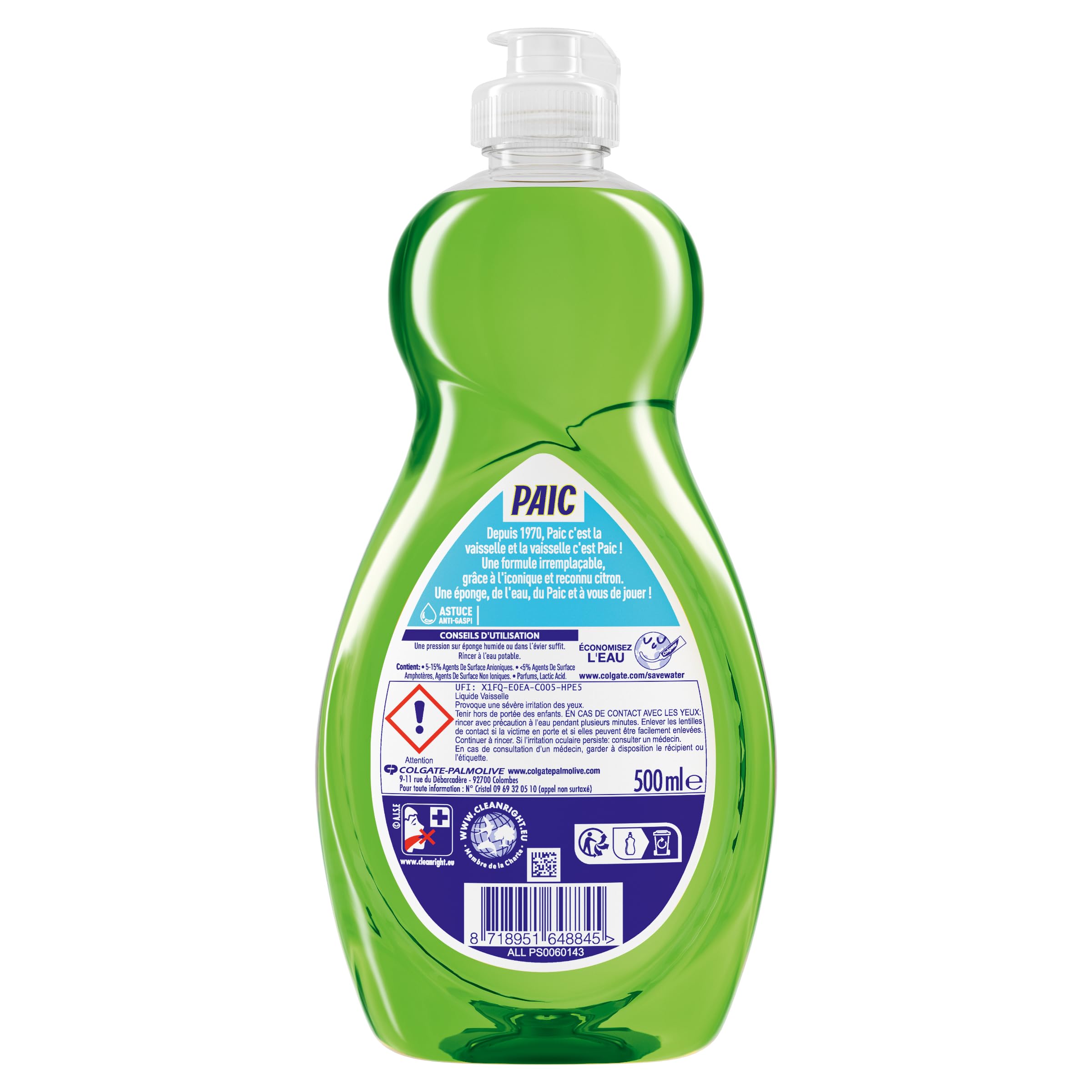 PAIC - Liquide vaisselle format Mini Parfum Citron Vert- pratique et compact - efficacité dégraissante - 500ml - LOT de 12