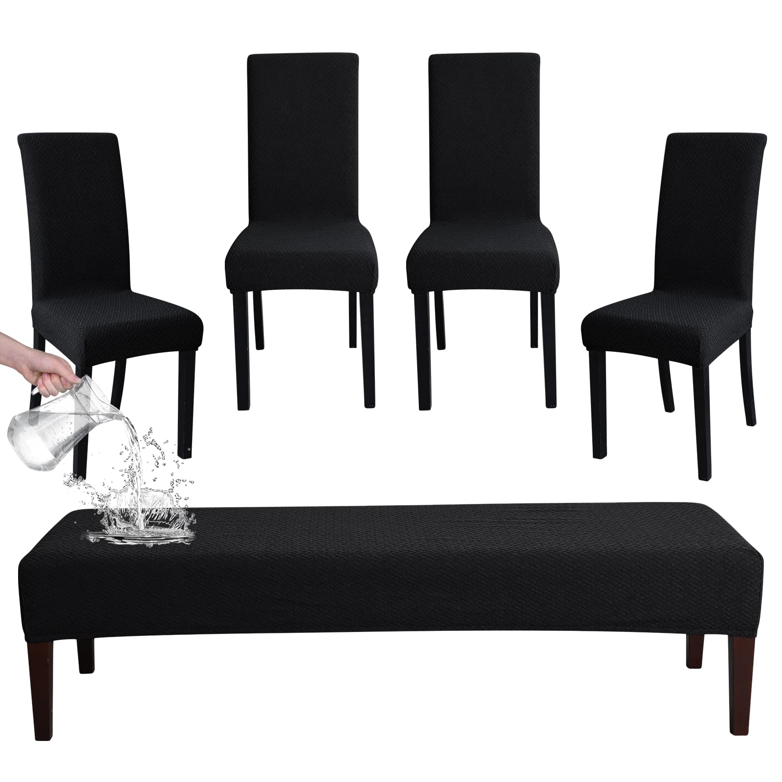 FORCHEER Dining Chair Covers and Bench Covers Set Waterproof Black Jacquard Washable Parsons Chair Slipcover Removable Seat Protector for Dining Room- 4 PCS Chair Cover+1 PC Bench Cover